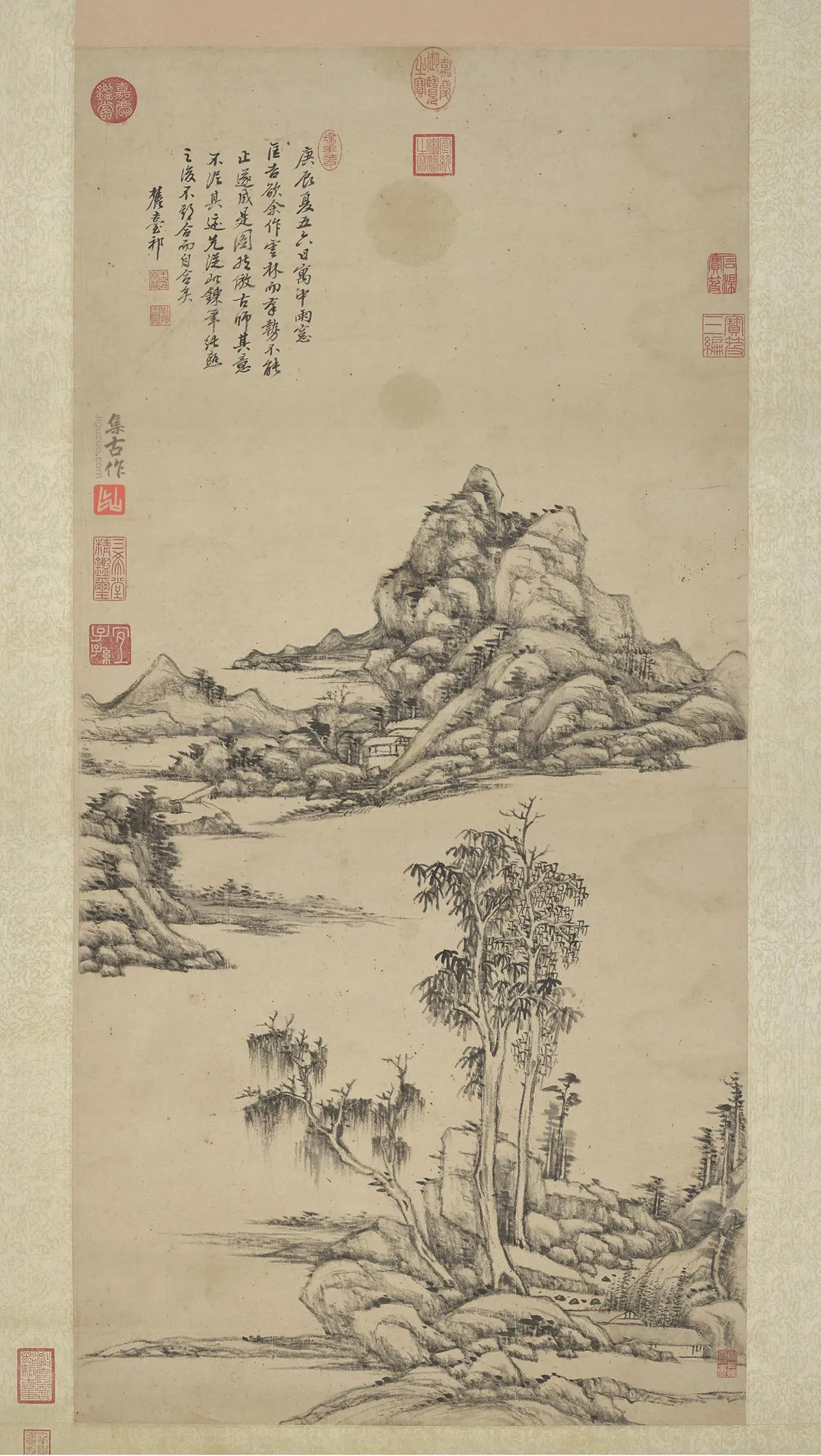 王原祁水墨山水仿云林之意轴