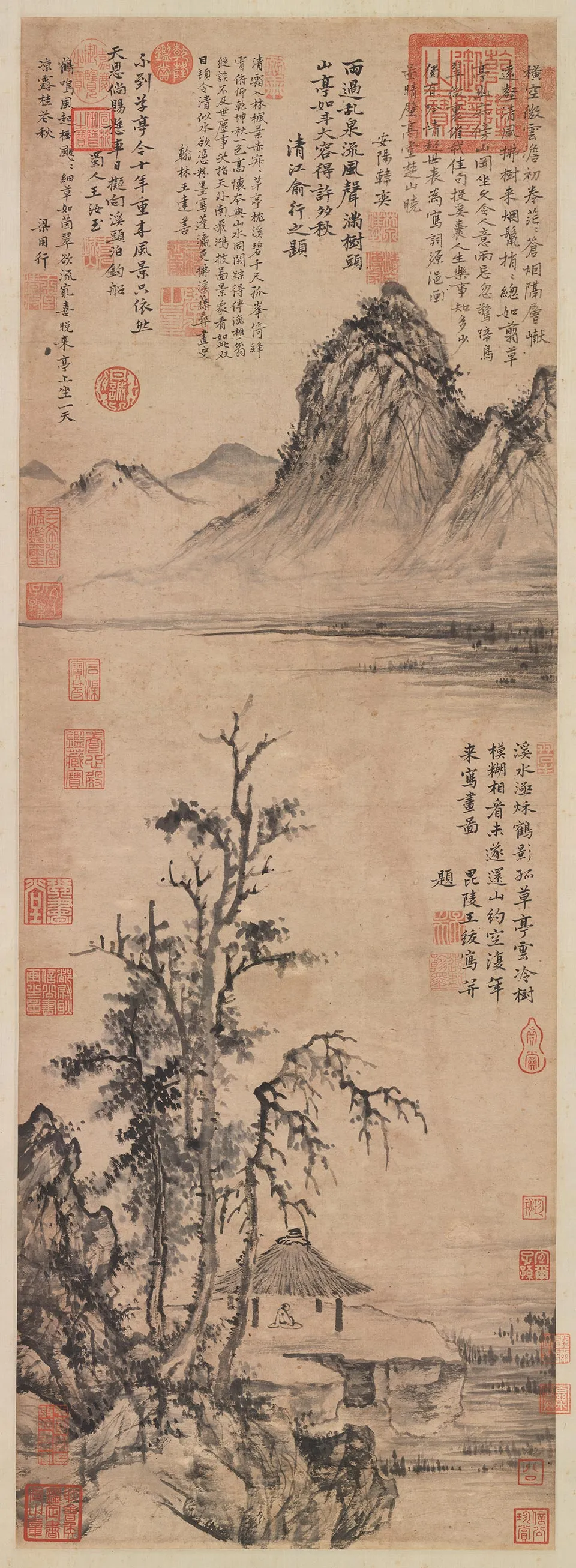 王绂水墨山水《草亭烟树图》
