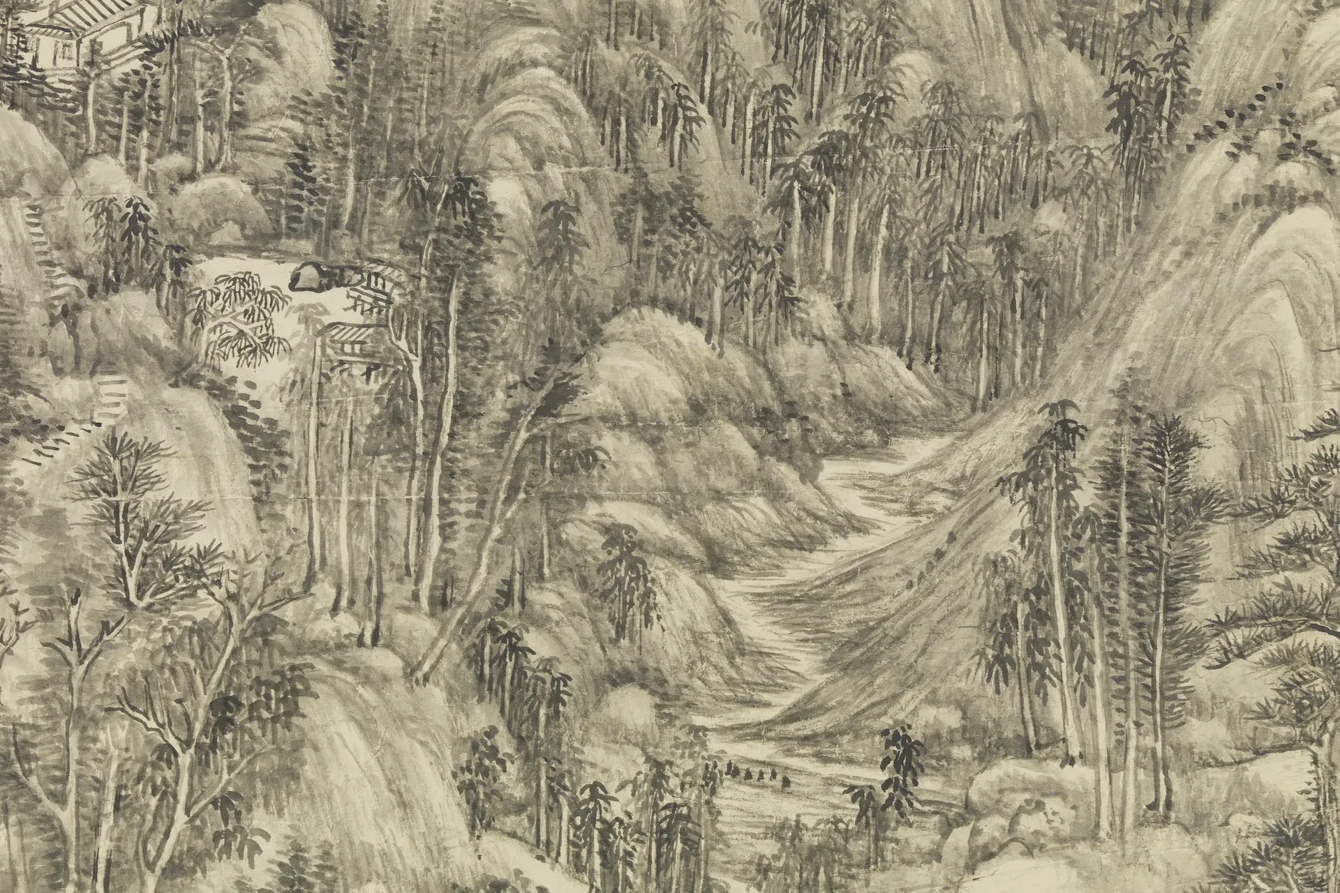 王原祁水墨山水《烟浮远岫图》局部 (3)