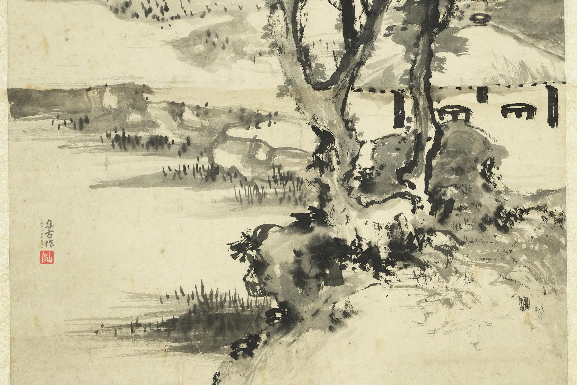 王铎水墨画山水轴局部 (3)