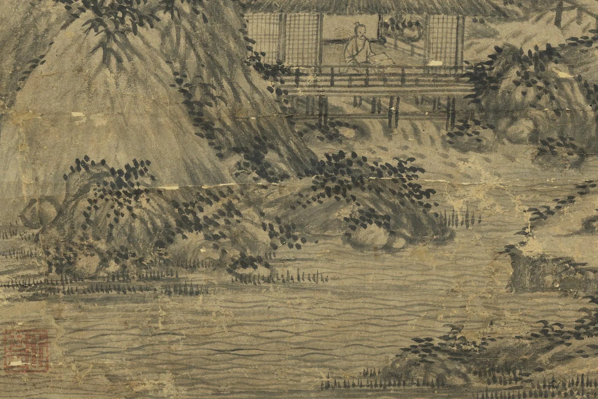 王绂水墨山水画《溪亭夜读图》局部 (5)