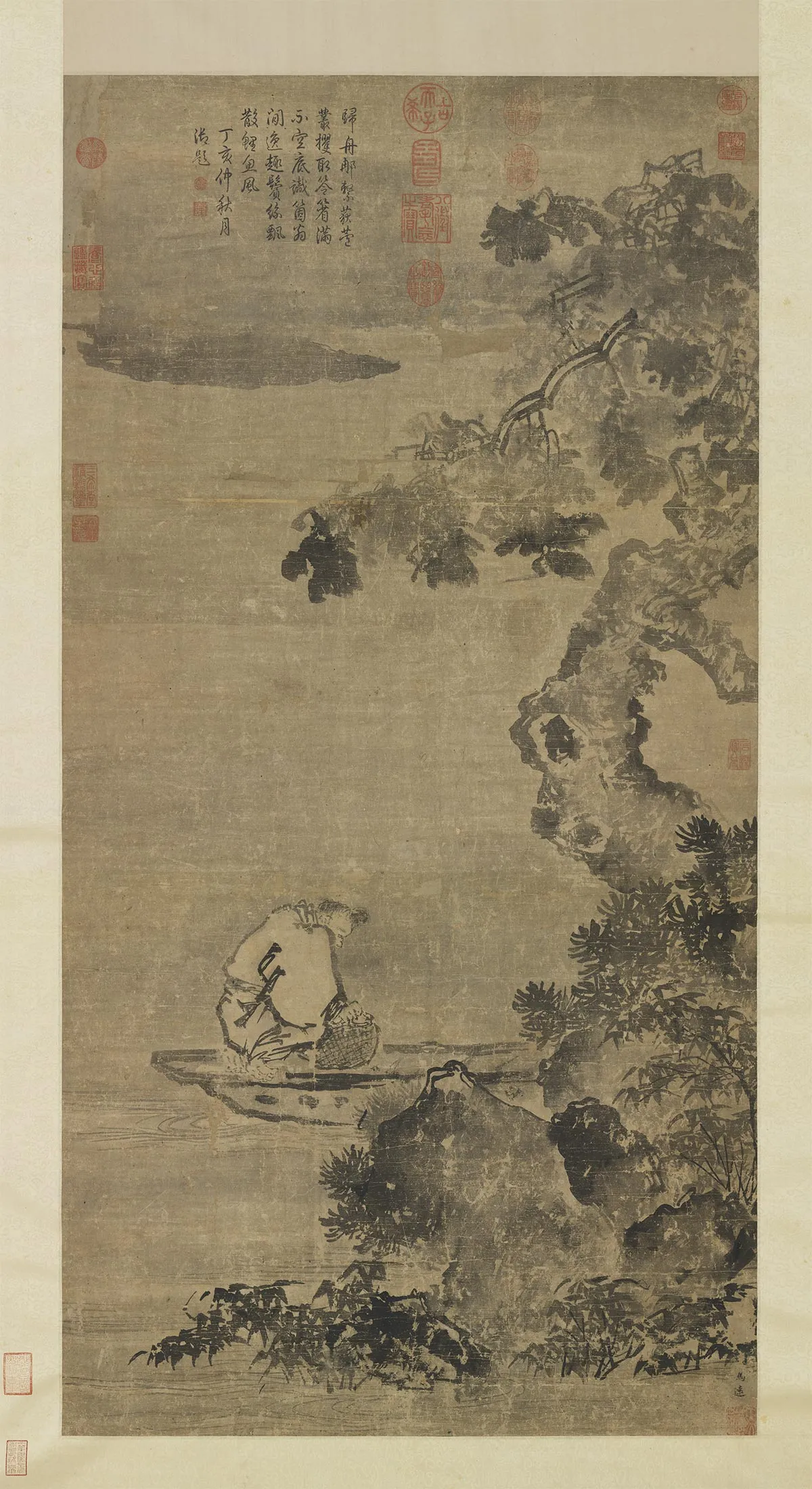 传马远水墨画《秋浦归渔图》轴