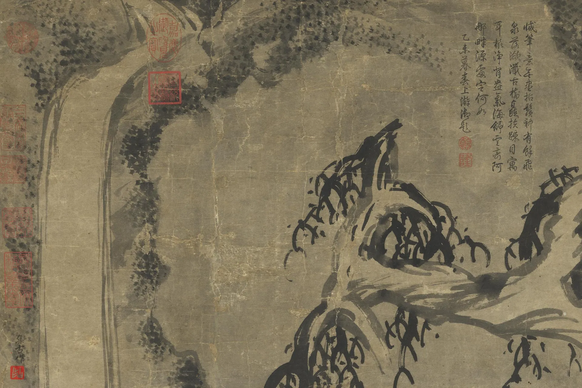 梁楷水墨山水人物《观瀑图》局部 (2)