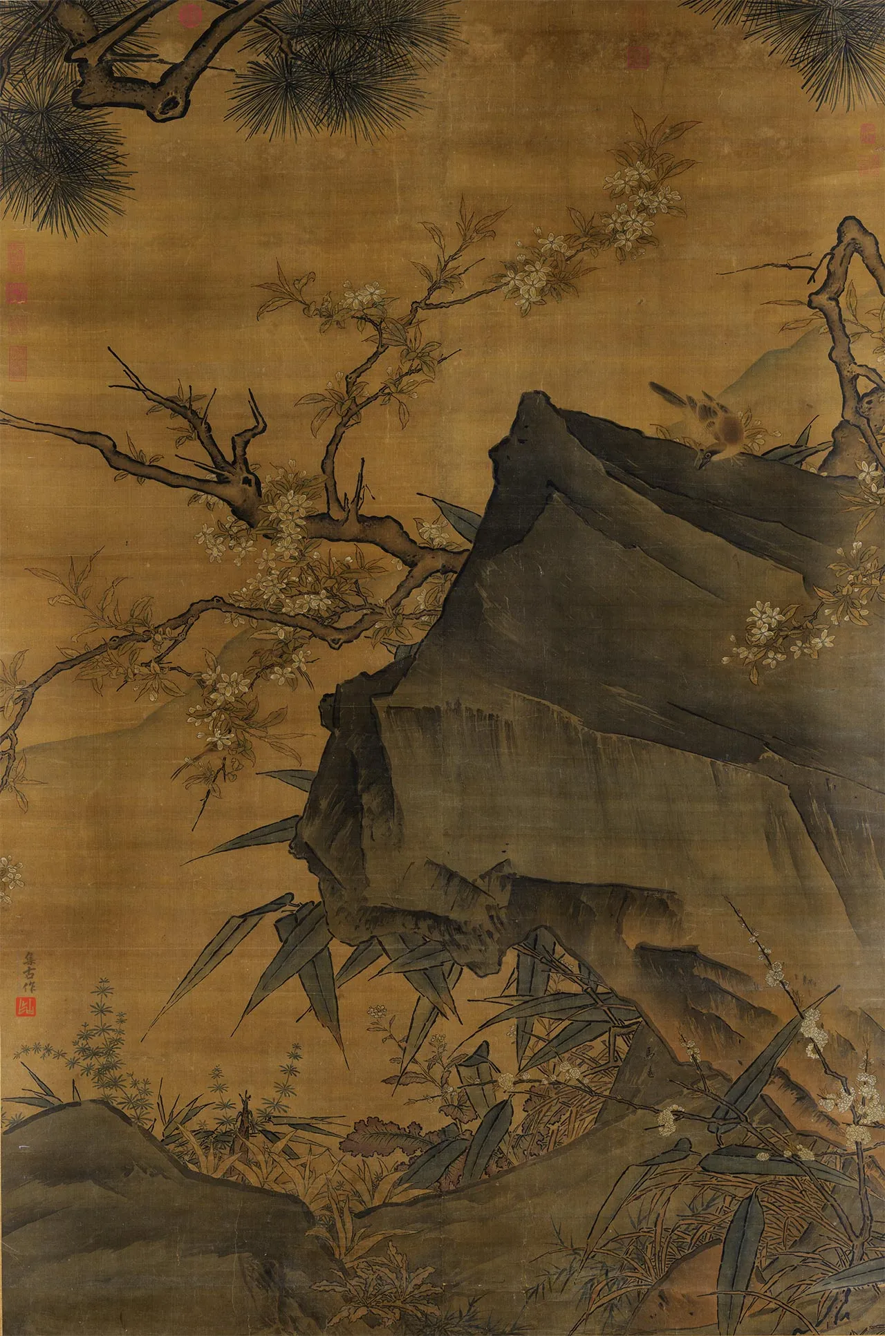马远花鸟画《画梨花山鸟》轴