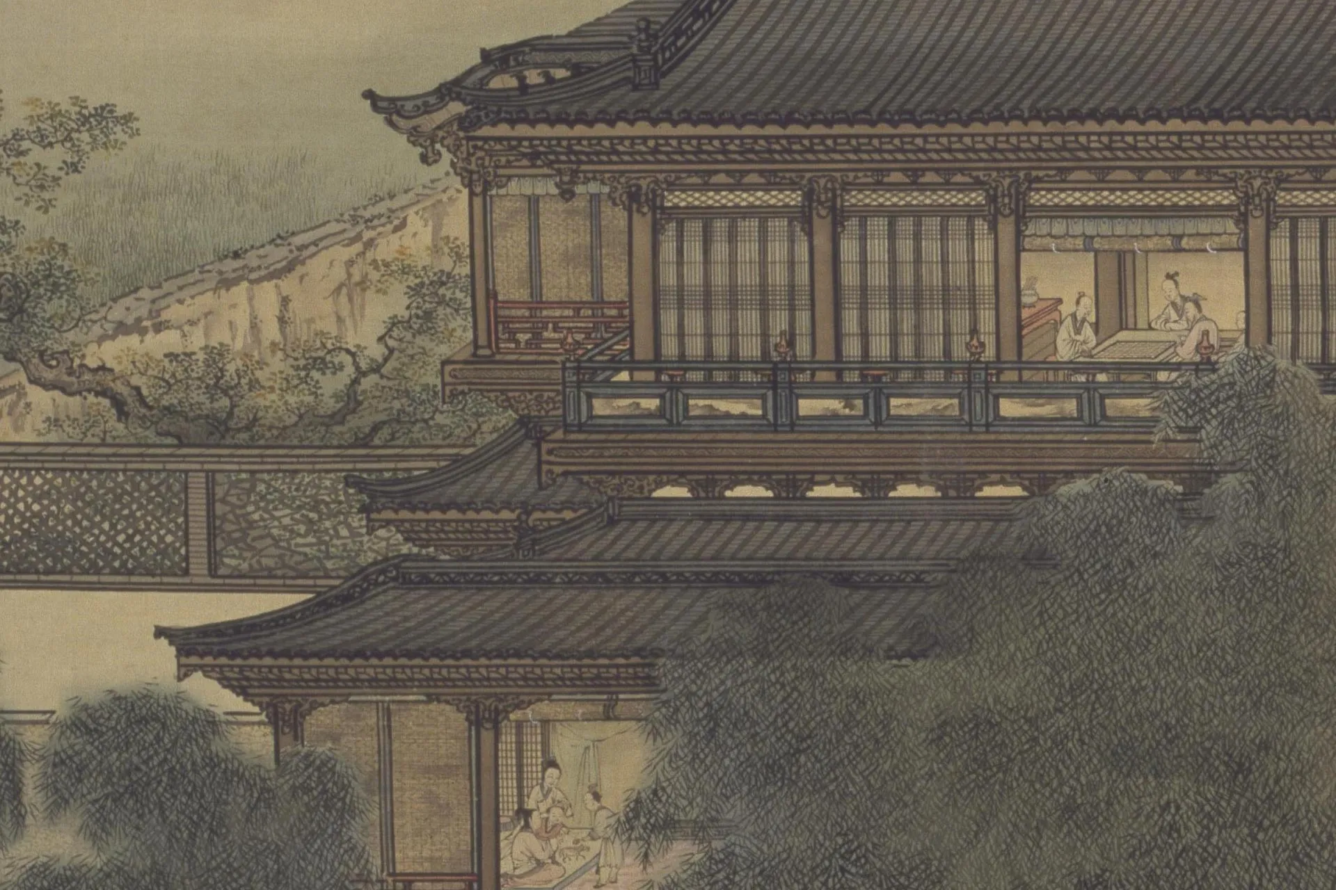 袁江山水通景组屏《竹苞松茂图》局部 (9)