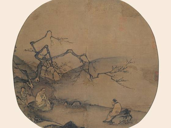 马远《梅间俊语图》团扇页