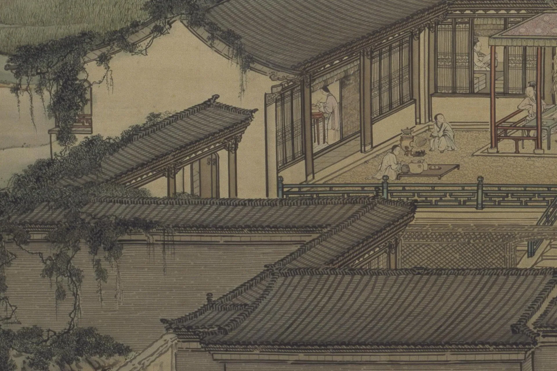 袁江山水通景组屏《竹苞松茂图》局部 (11)