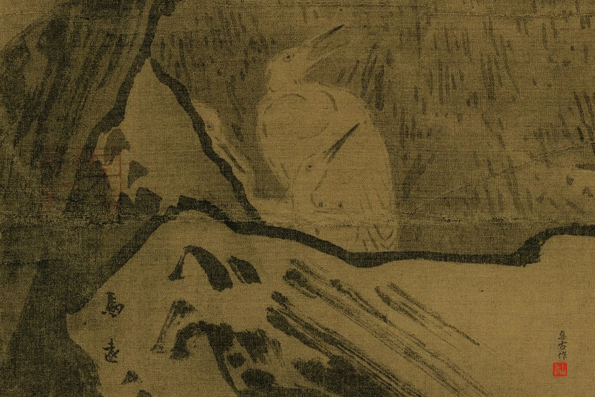 马远《雪滩双鹭图》高清大图局部 (1)