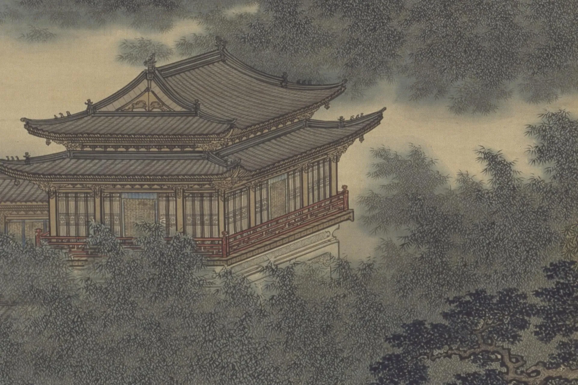 袁江山水通景组屏《竹苞松茂图》局部 (2)