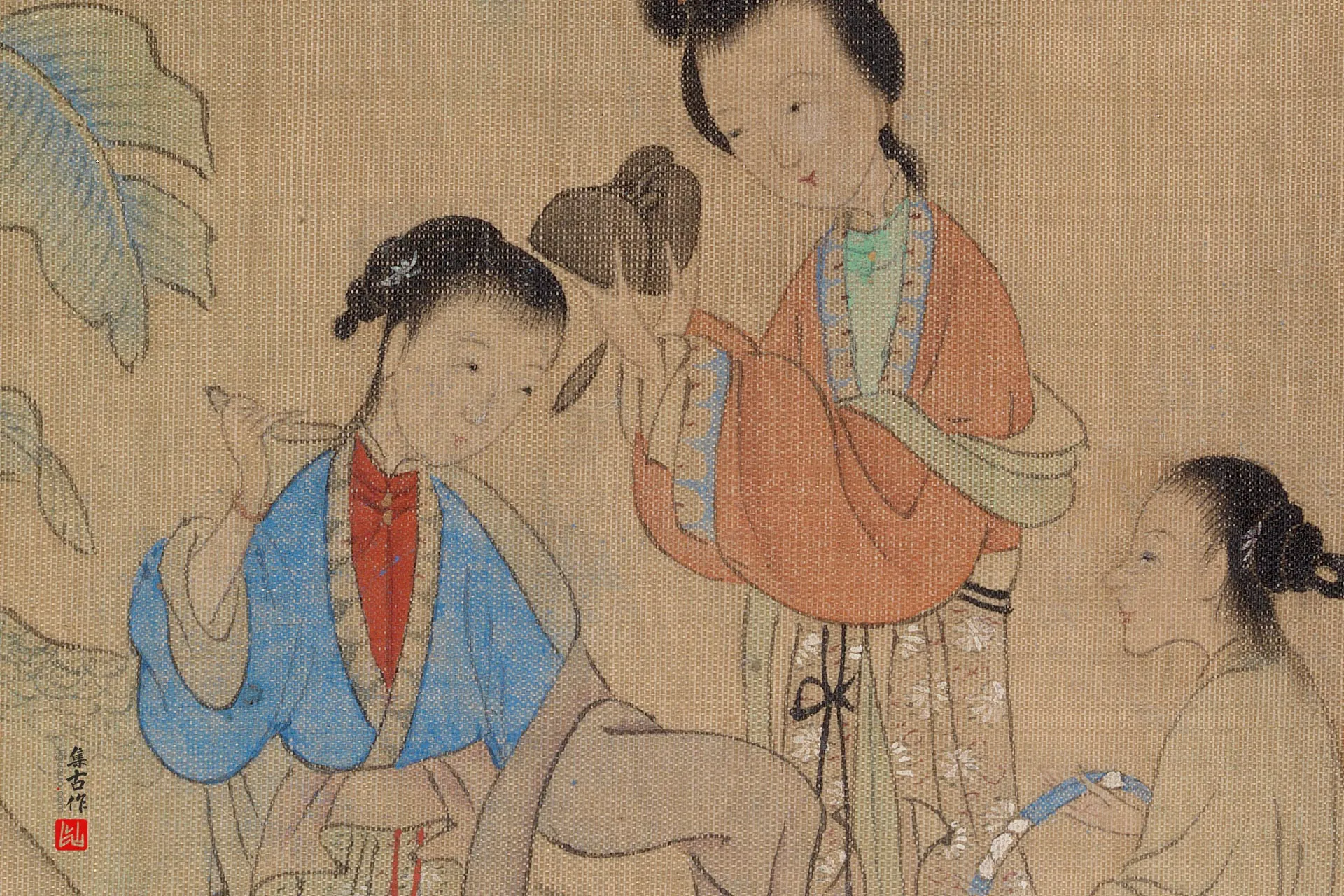 传仇英《芭蕉仕女理妆图》高清图局部 (1)