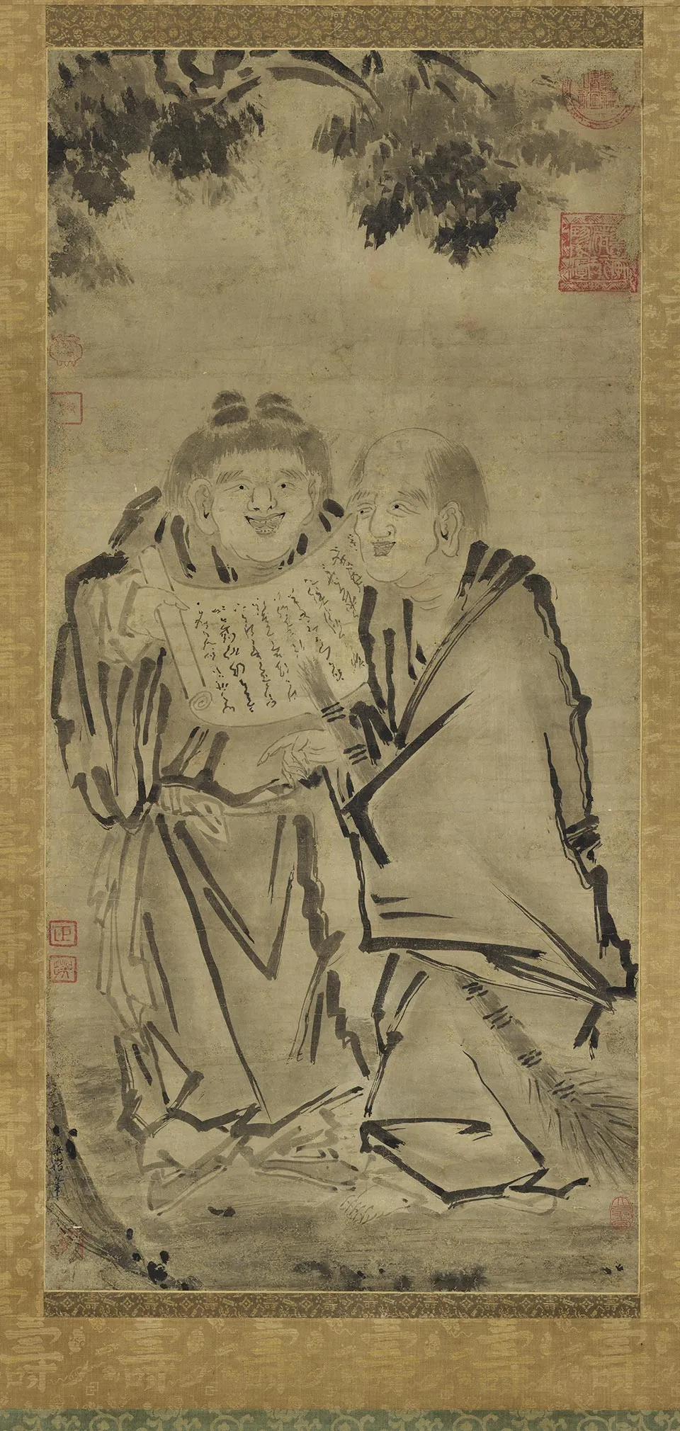 梁楷水墨人物画《寒山拾得图》轴