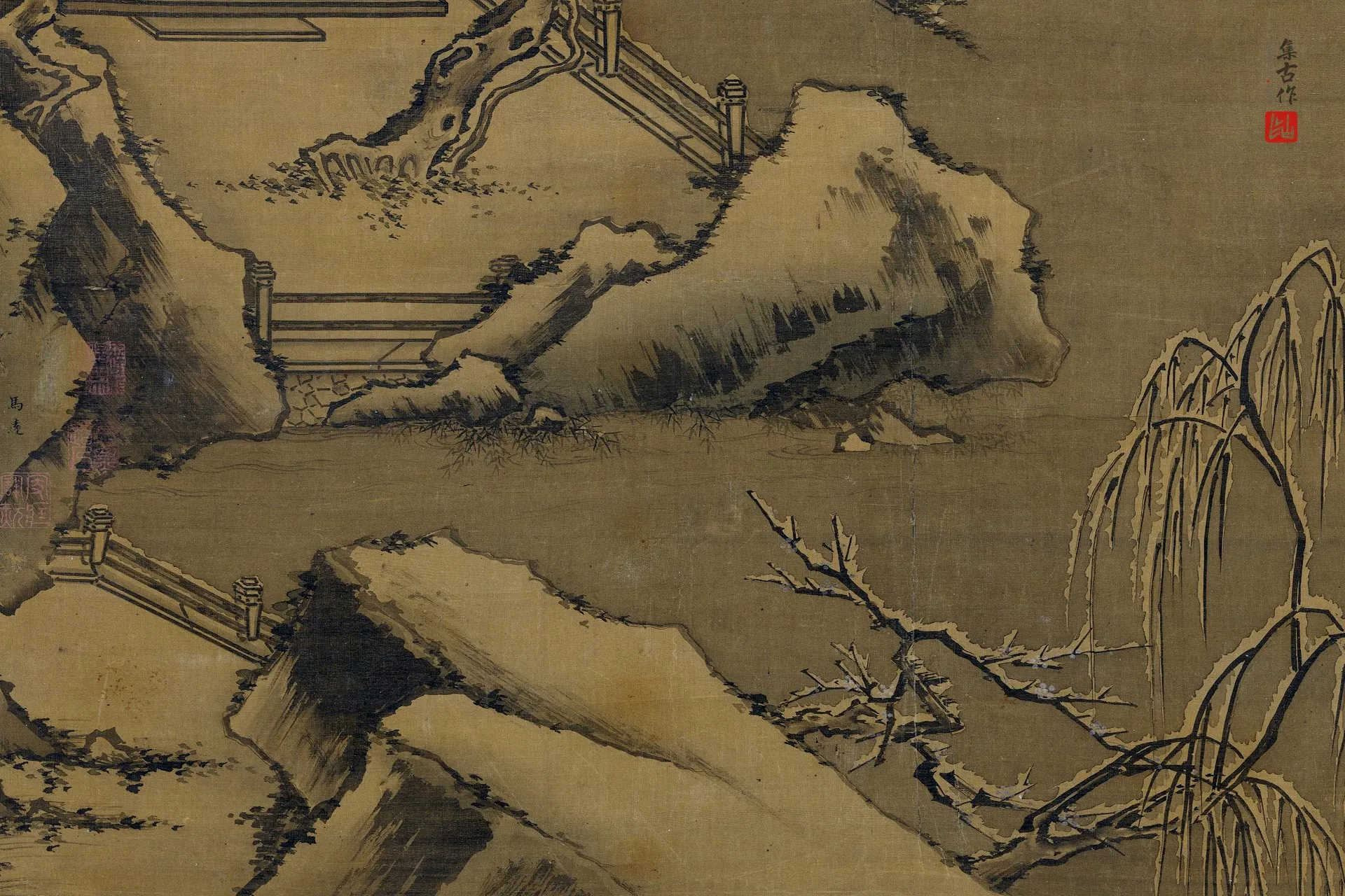 传宋马远(明钟礼)雪景山水画《寒岩积雪图》局部 (1)