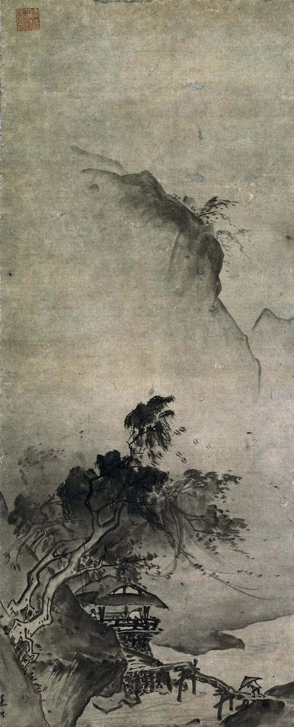 传夏圭水墨画《风雨山水图》轴