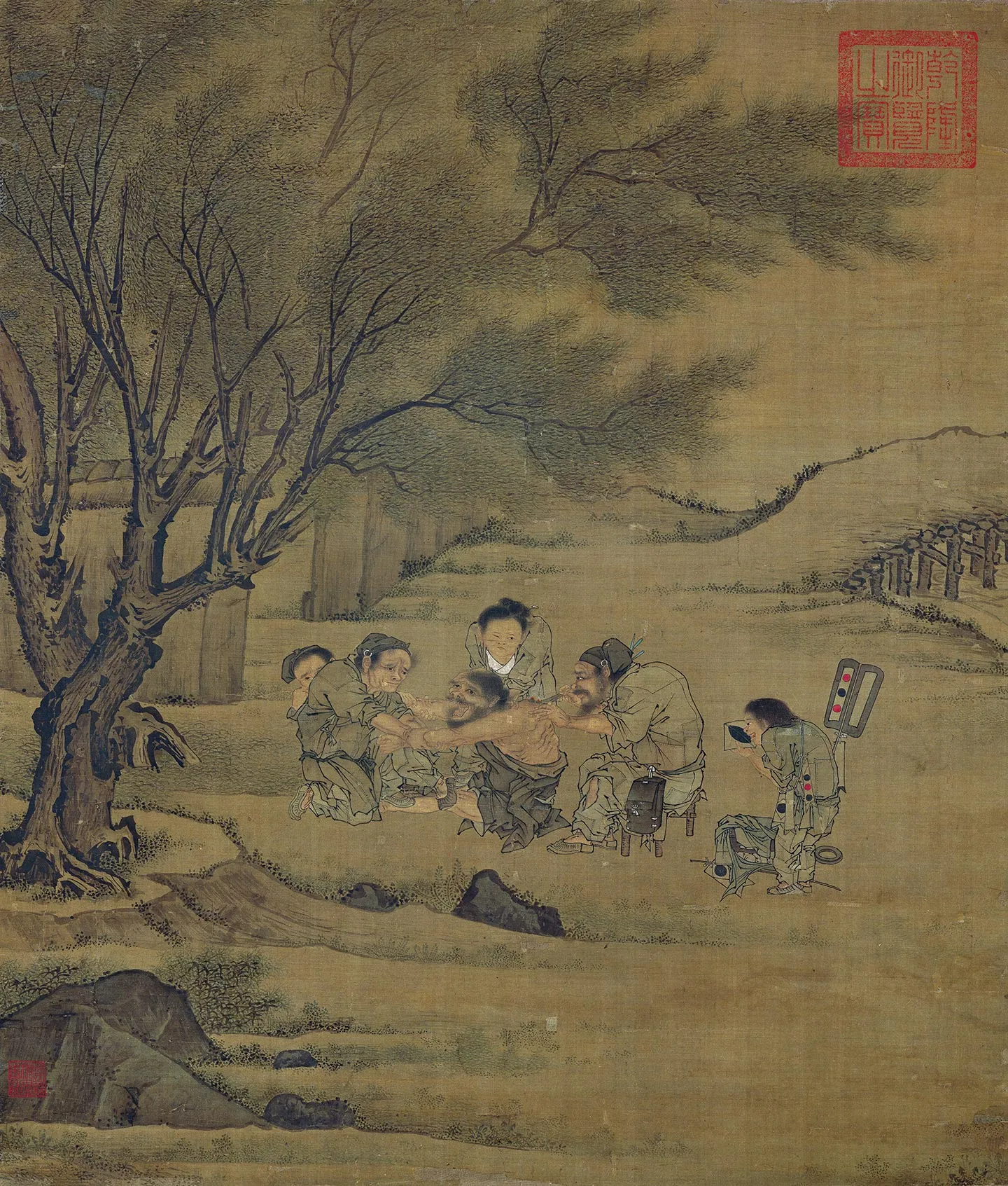 李唐《炙艾图》又名《村医图》《背灸图》轴