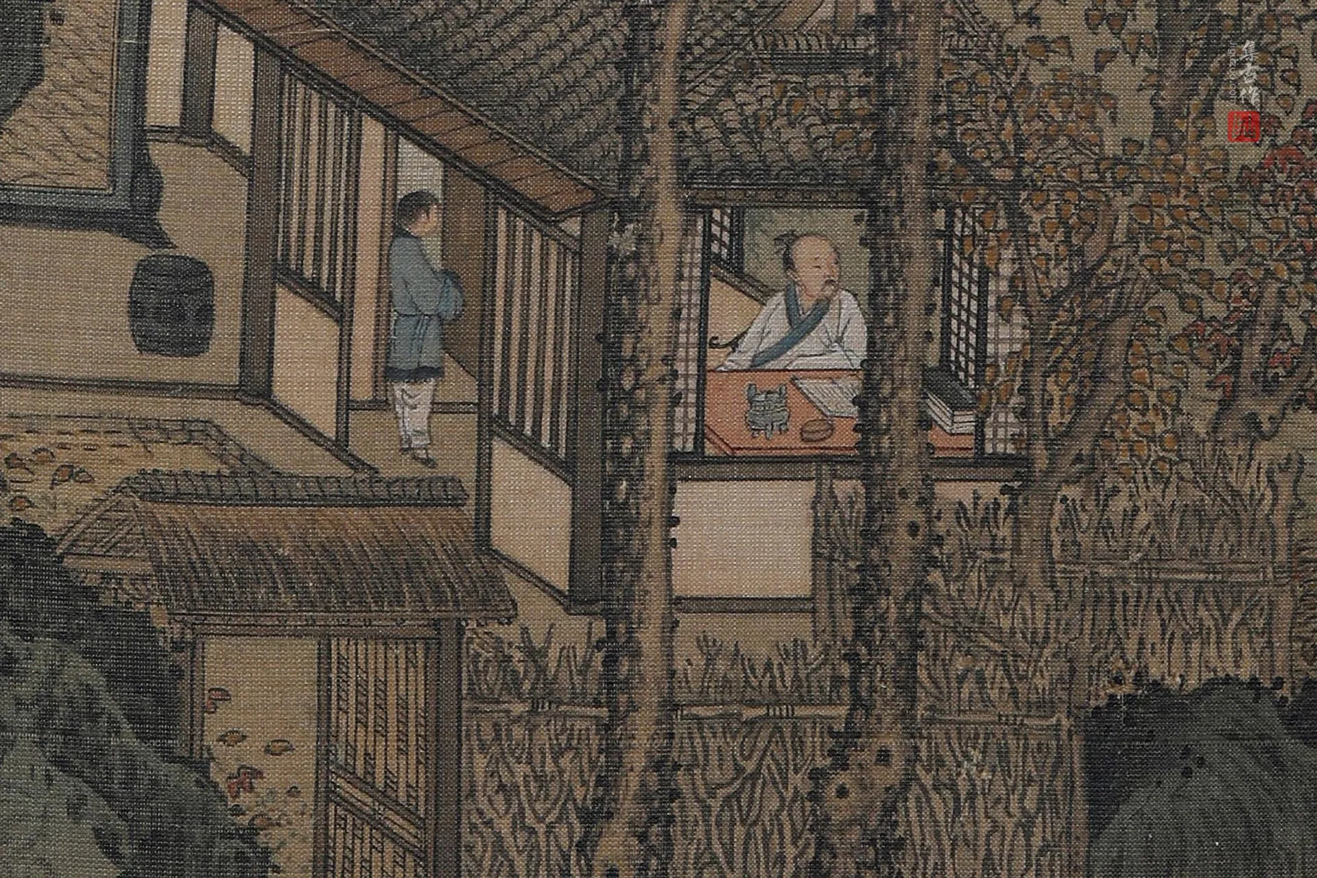刘松年《秋窗读易图》高清大图局部 (1)