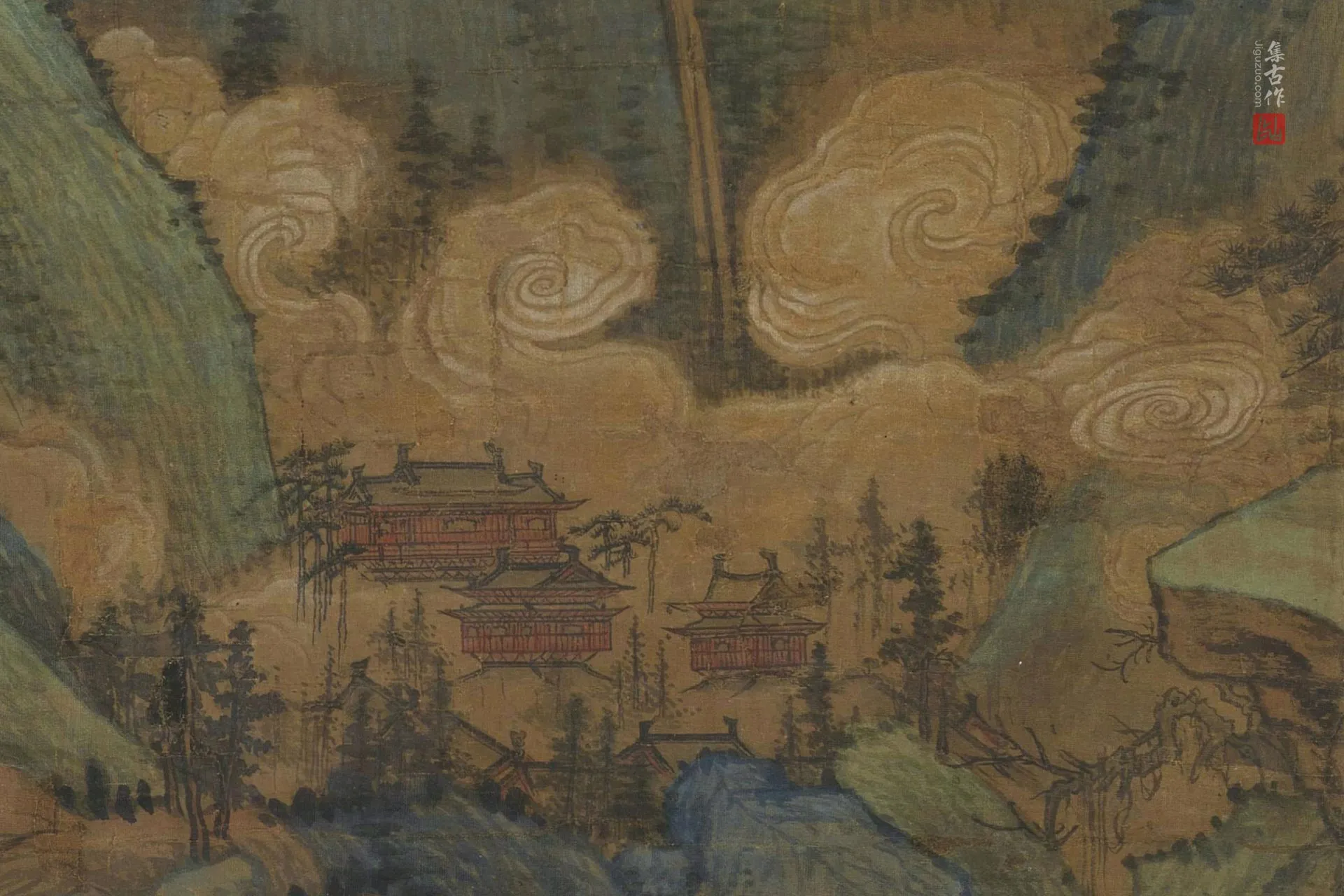 传董源山水人物画《江堤晚景图》局部图 (4)