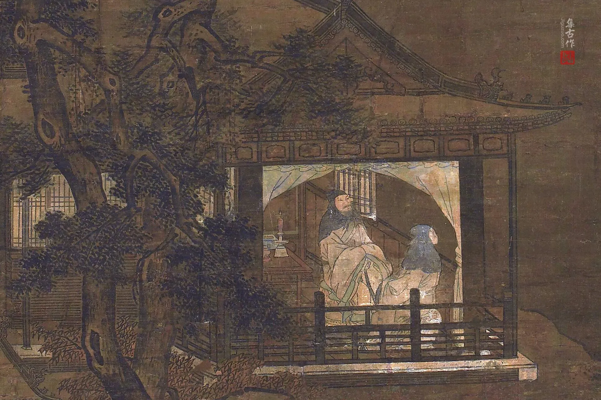 传李唐月景山水《山斋赏月图》局部 (1)