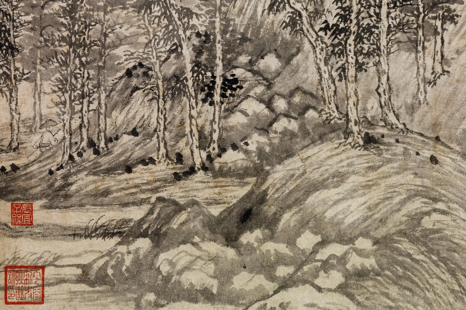 陈汝言山水画《百丈泉图》局部 (3)