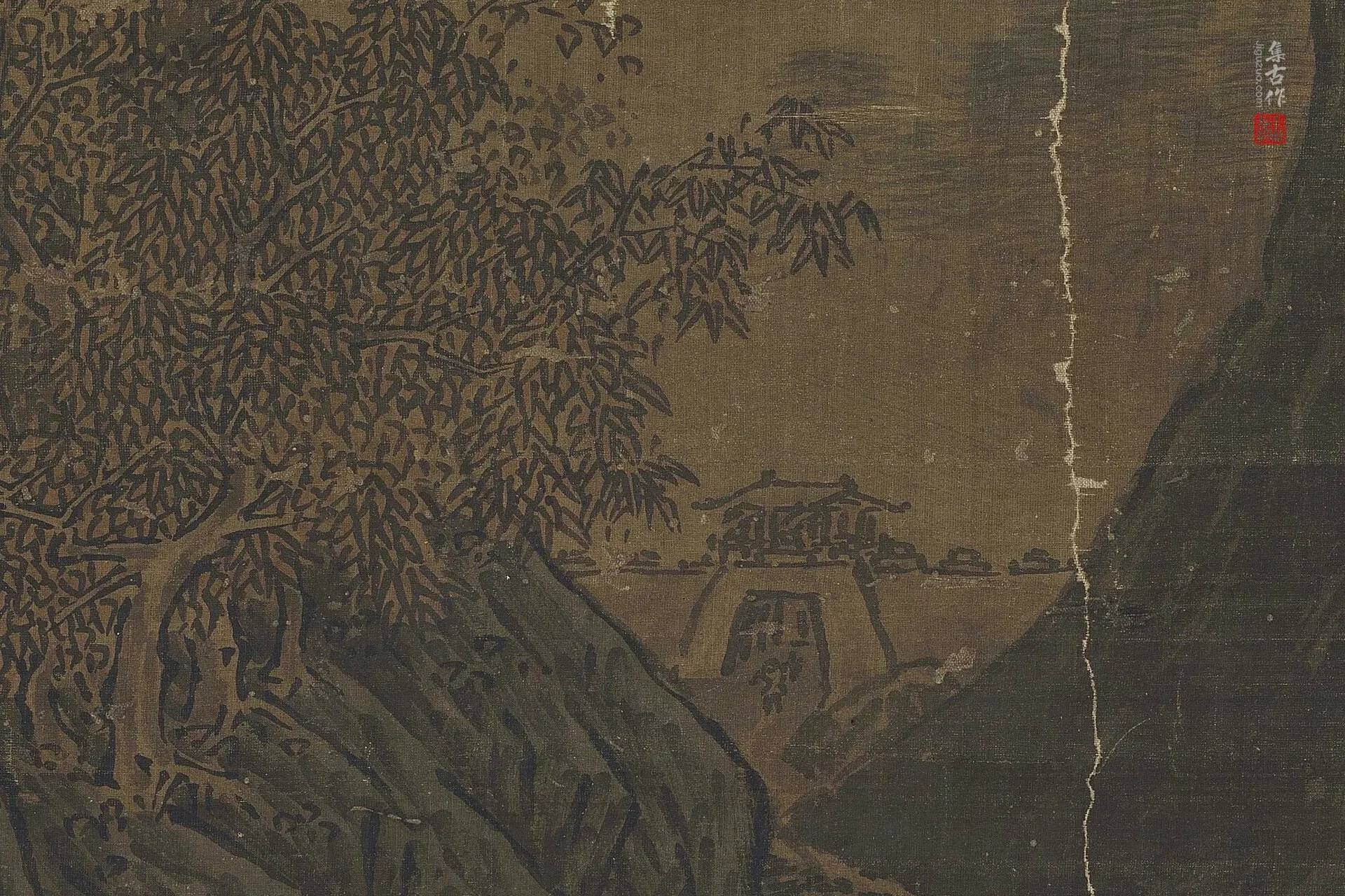 传范宽山水《秋林飞瀑图》高清局部图 (7)