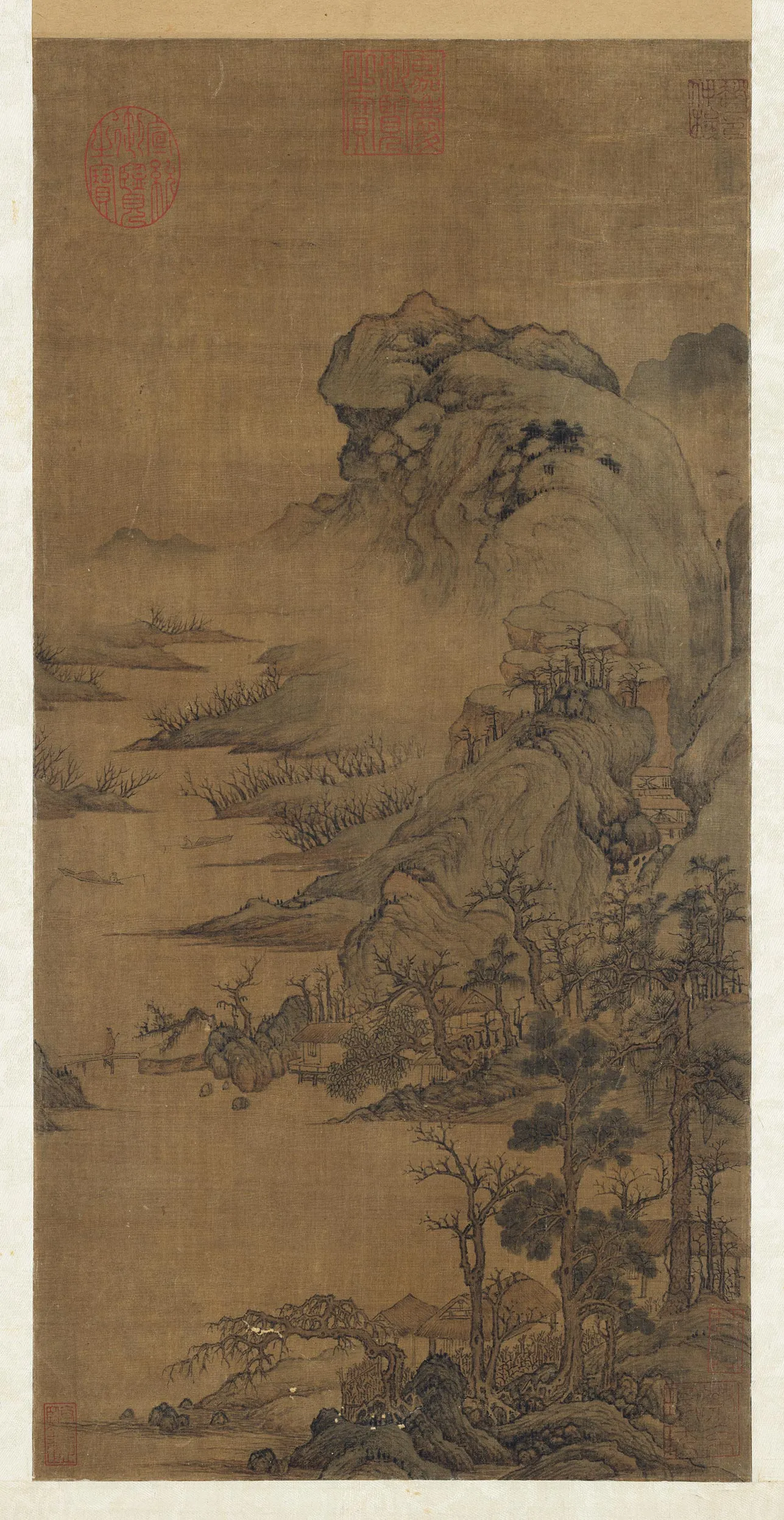 传李公麟山水画《溪桥散步图》轴