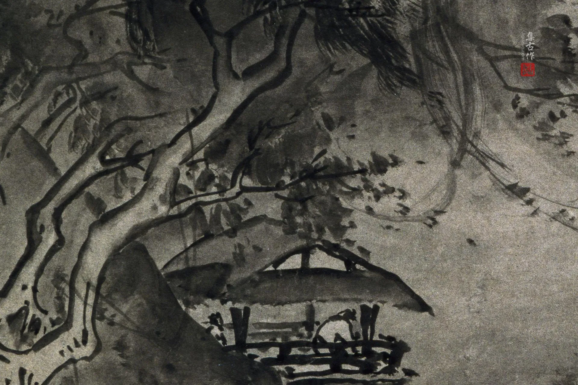 传夏圭水墨画《风雨山水图》局部 (2)