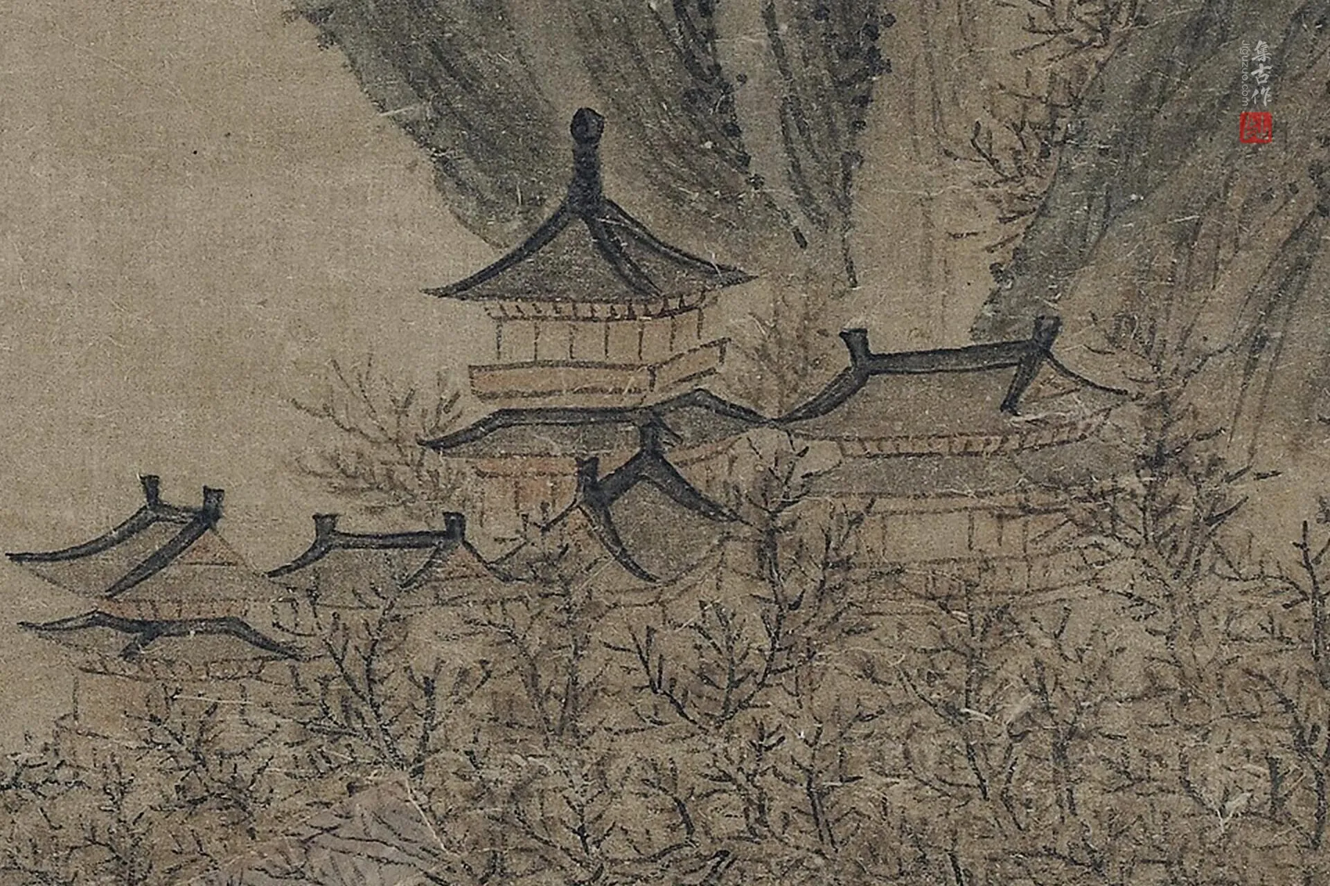 传李唐山水《水畔寺前渡舟图》局部 (1)