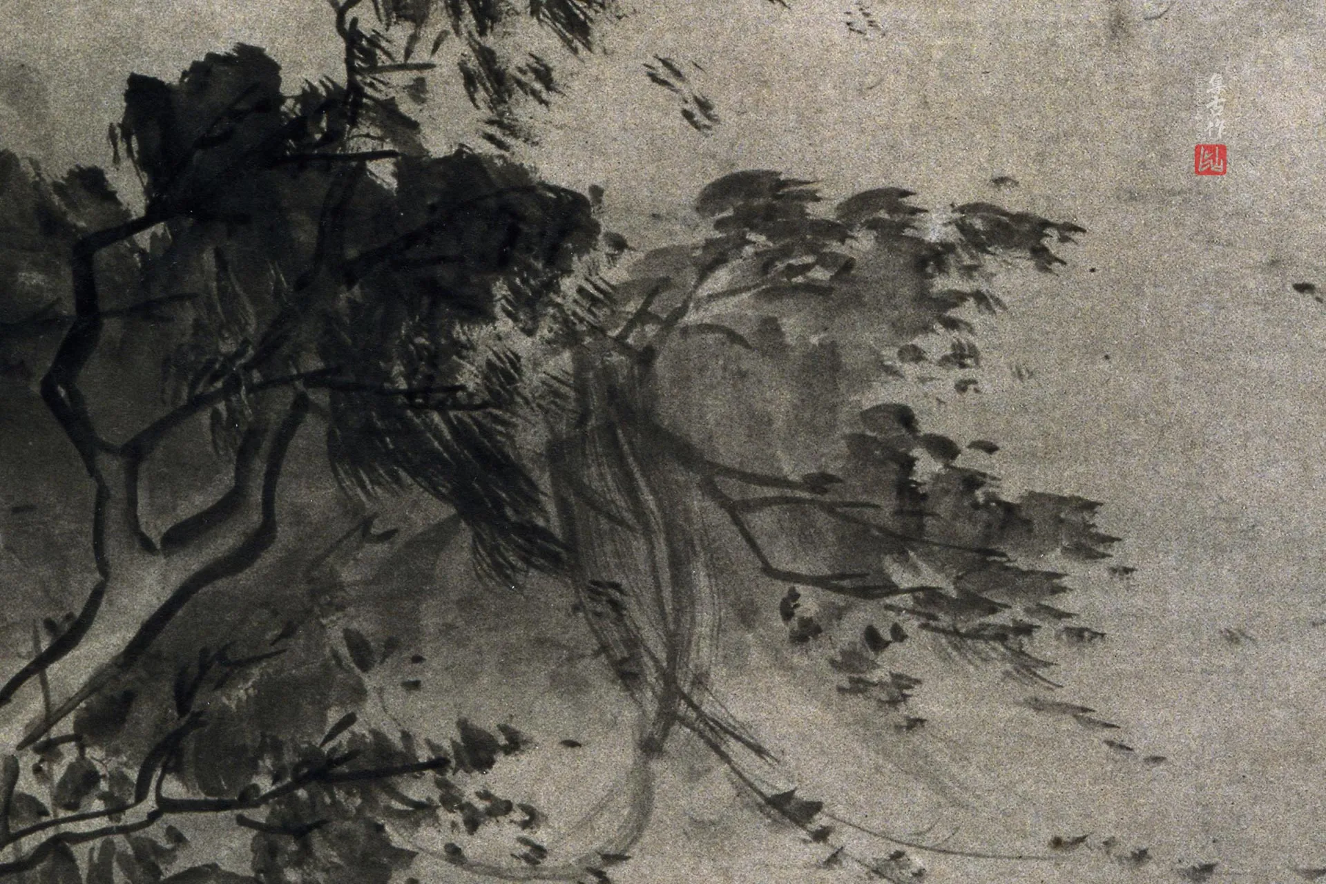 传夏圭水墨画《风雨山水图》局部 (3)