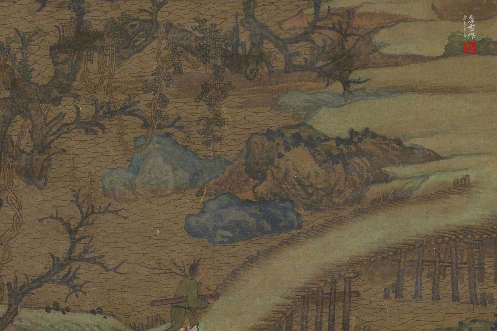 传董源山水人物画《江堤晚景图》局部图 (2)
