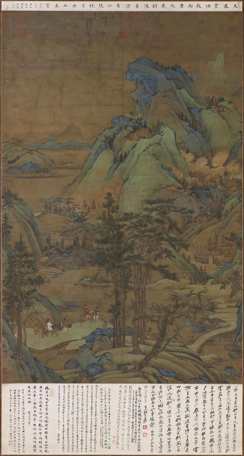 传董源山水人物画《江堤晚景图》