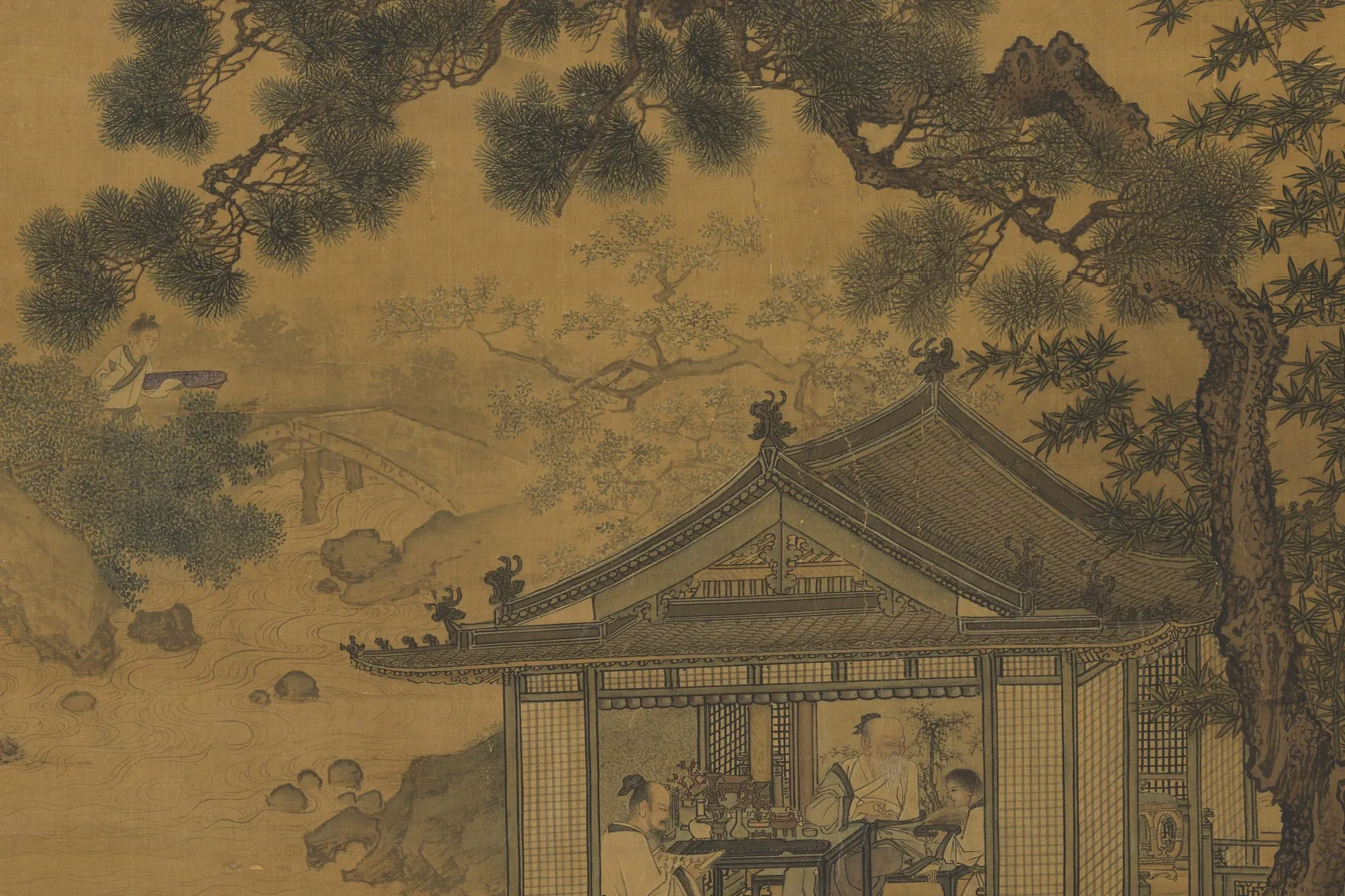 传刘松年山水人物画《溪亭客话图》局部 (2)