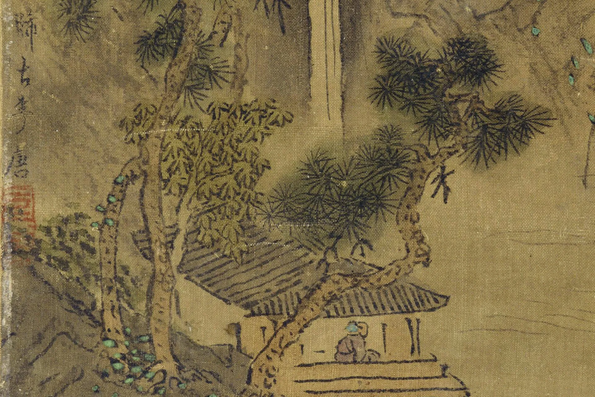 传李唐《临水悬岩亭松图》又名《听瀑图》局部 (1)