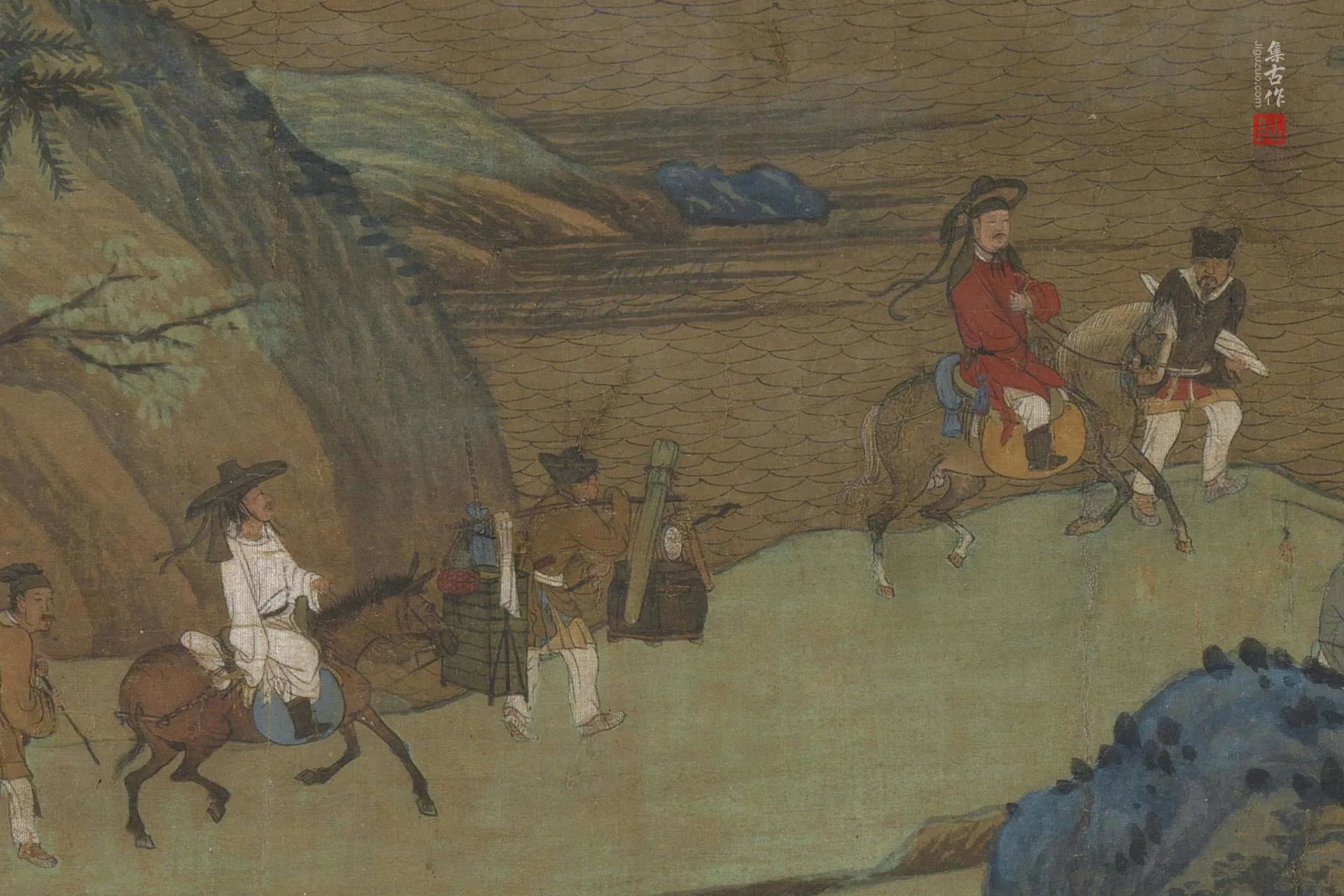 传董源山水人物画《江堤晚景图》局部图 (1)