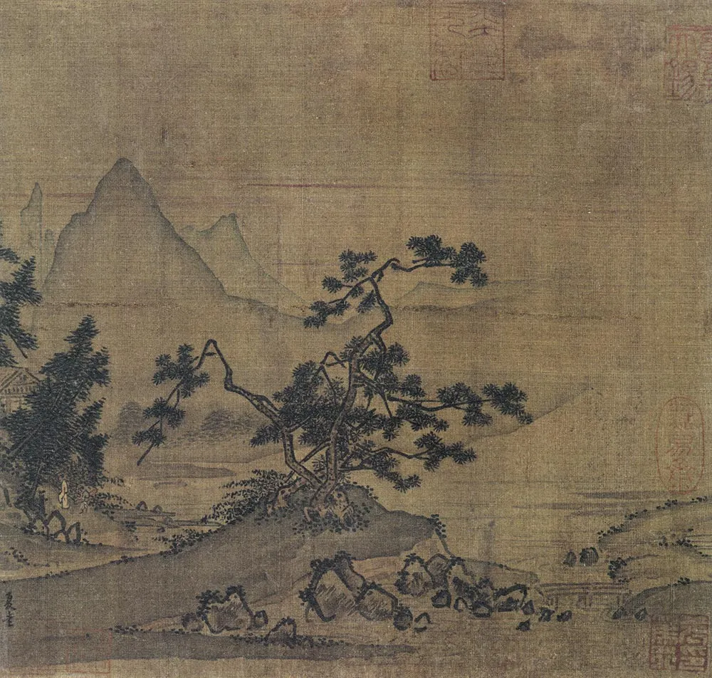 传夏圭山水画《春游晚归图》斗方