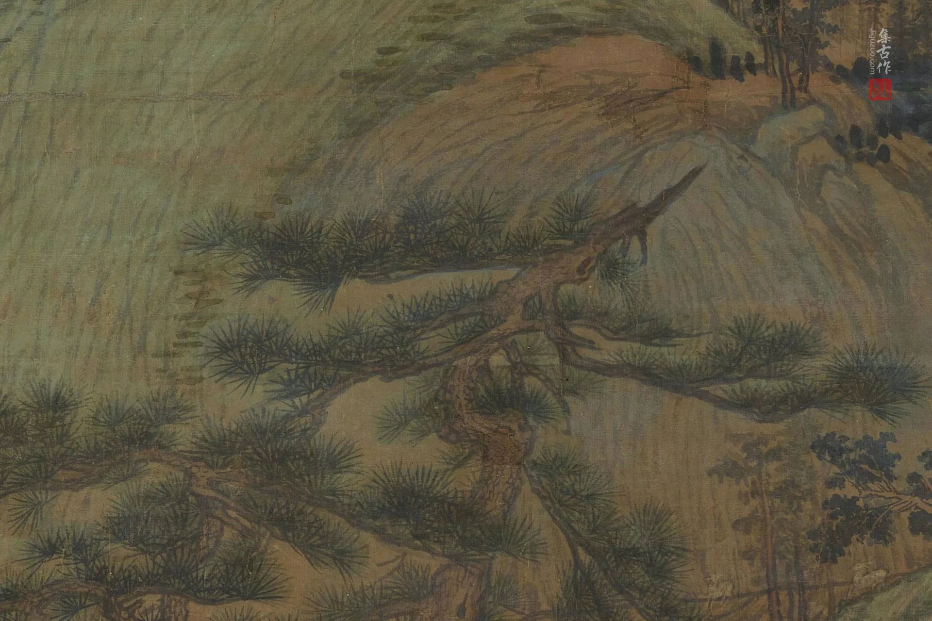传董源山水人物画《江堤晚景图》局部图 (3)