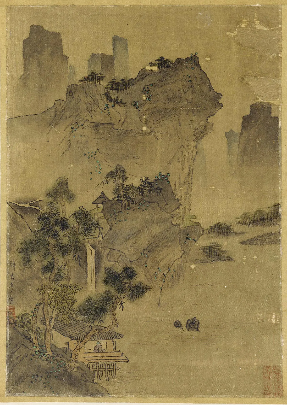 传李唐《临水悬岩亭松图》又名《听瀑图》页