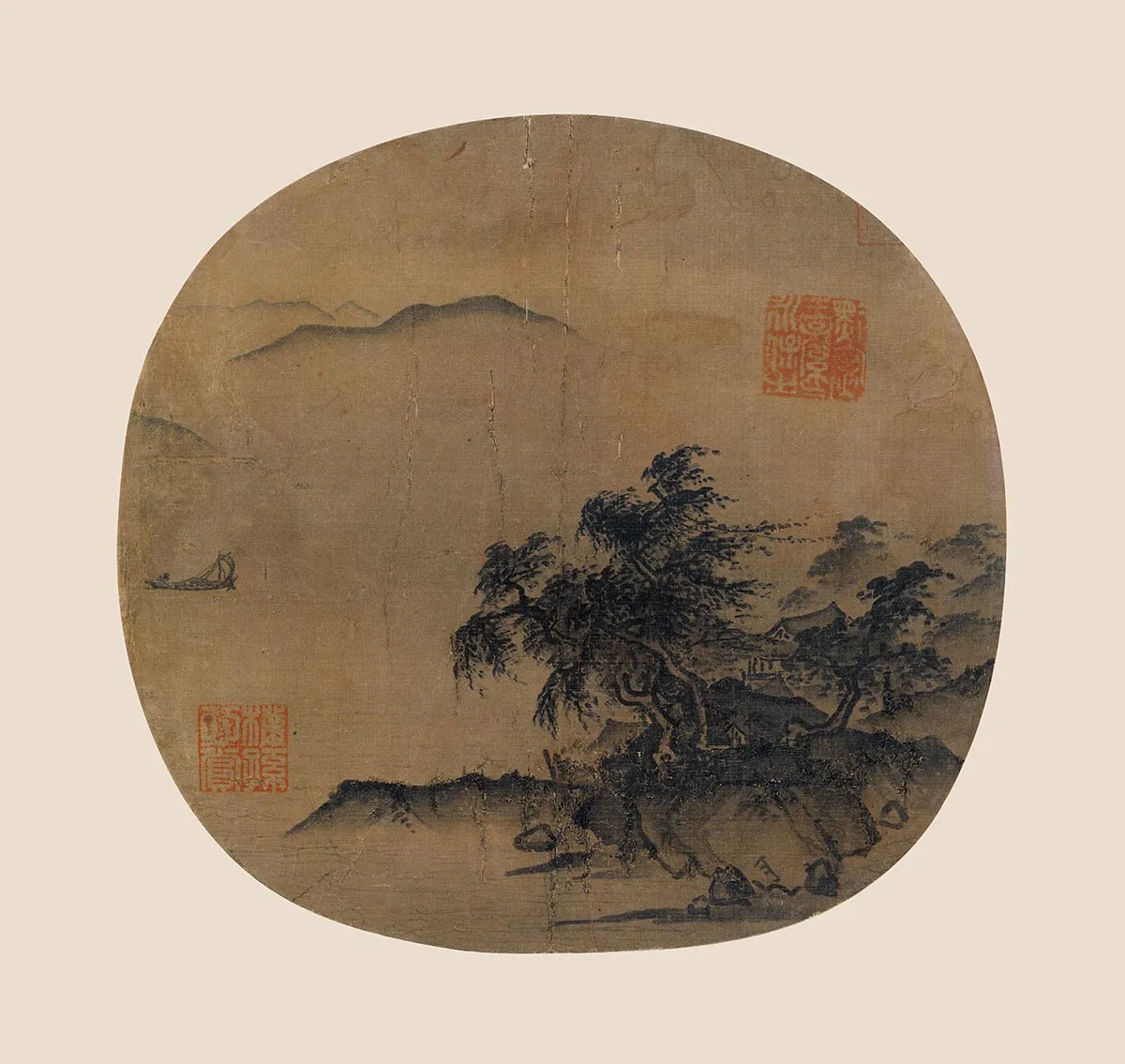 传夏圭《风雨行舟图》又名《雨江舟行图》团扇页