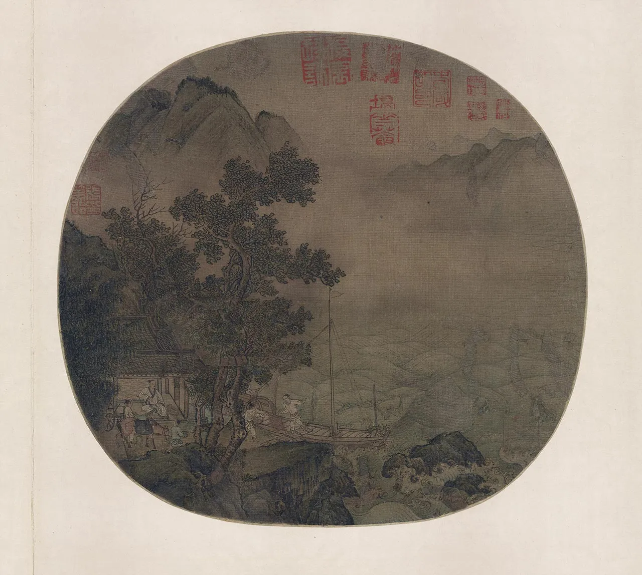 宋人山水人物《待渡图》团扇页