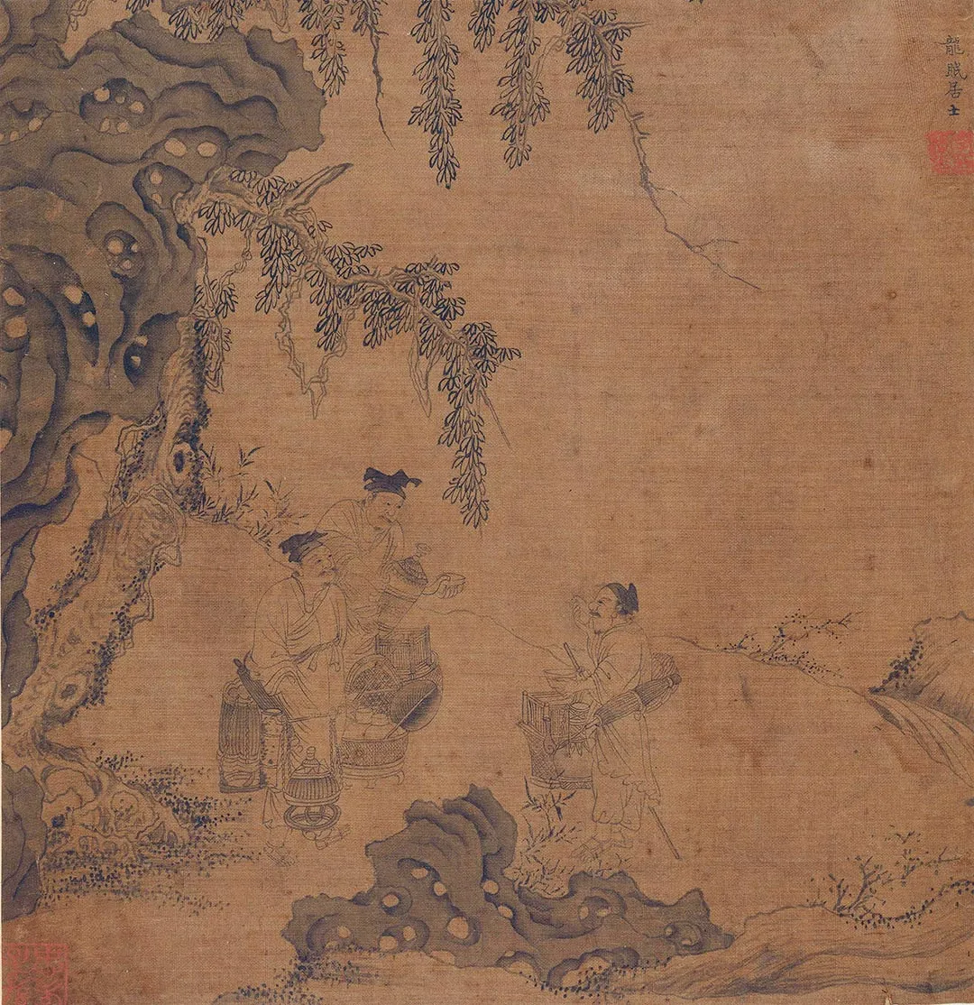 传李公麟白描画《商旅歇饮图》页