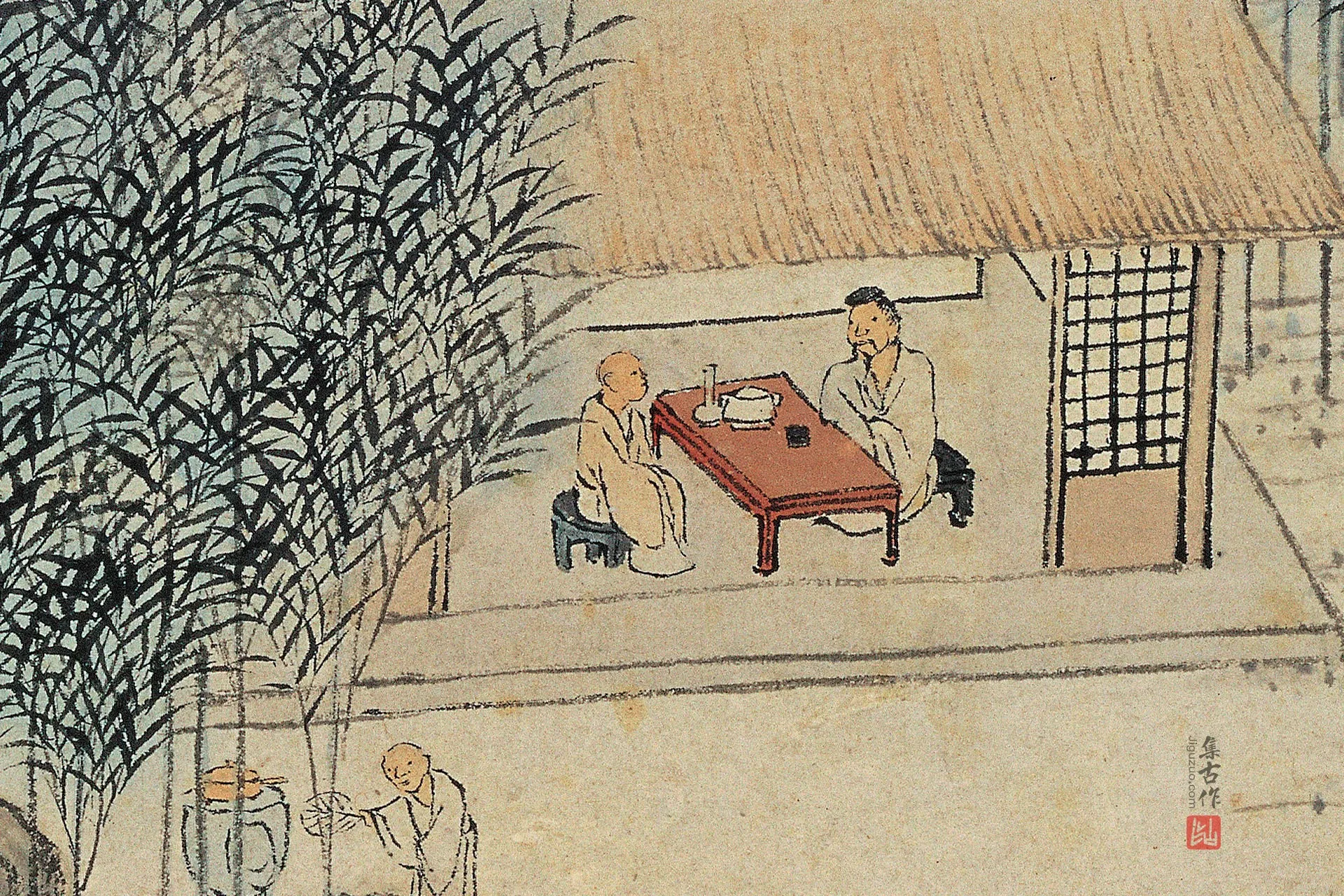 沈贞山水画《竹炉山房图》高清大图局部 (2)