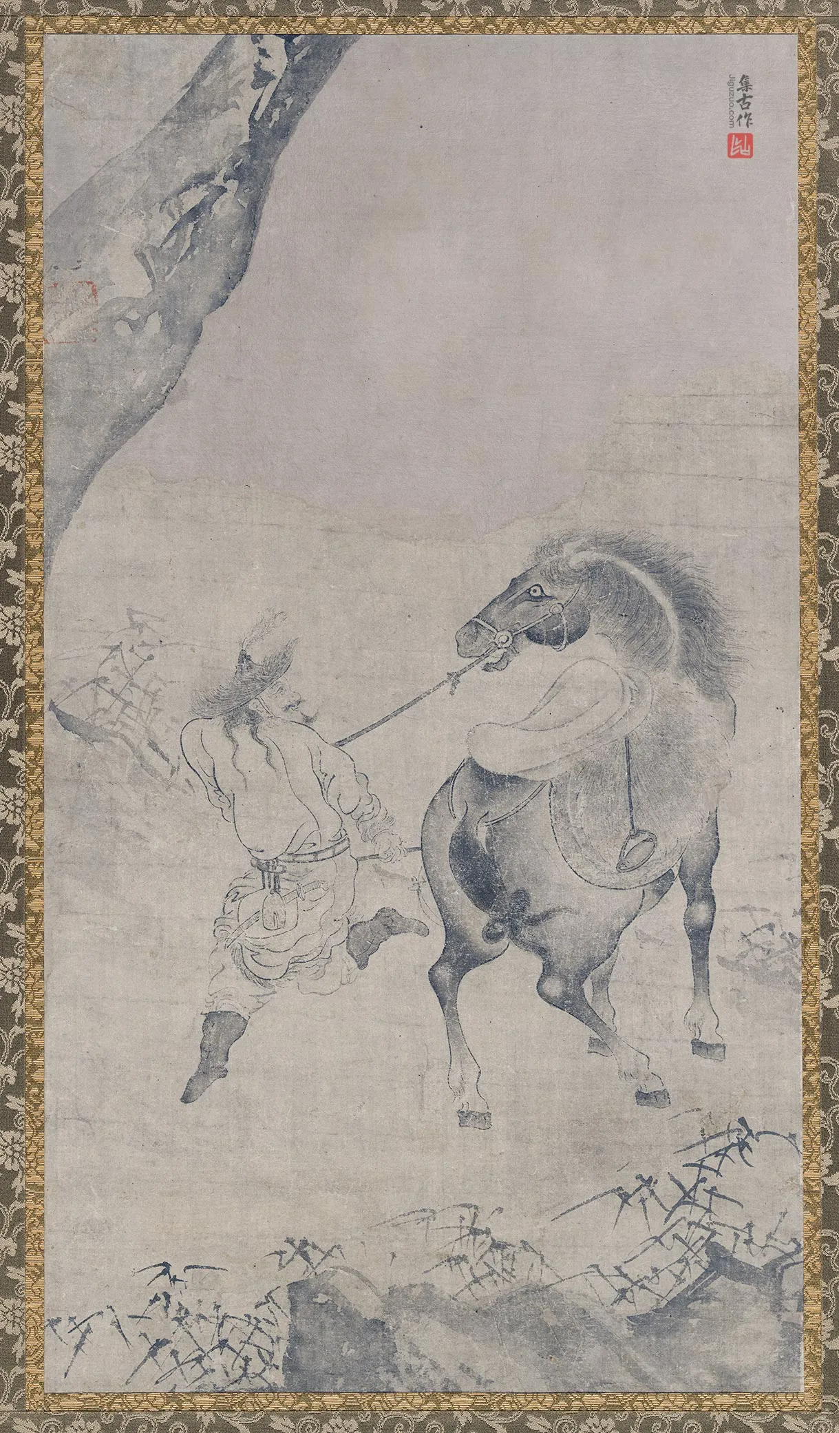 传李公麟水墨画《人马图》轴