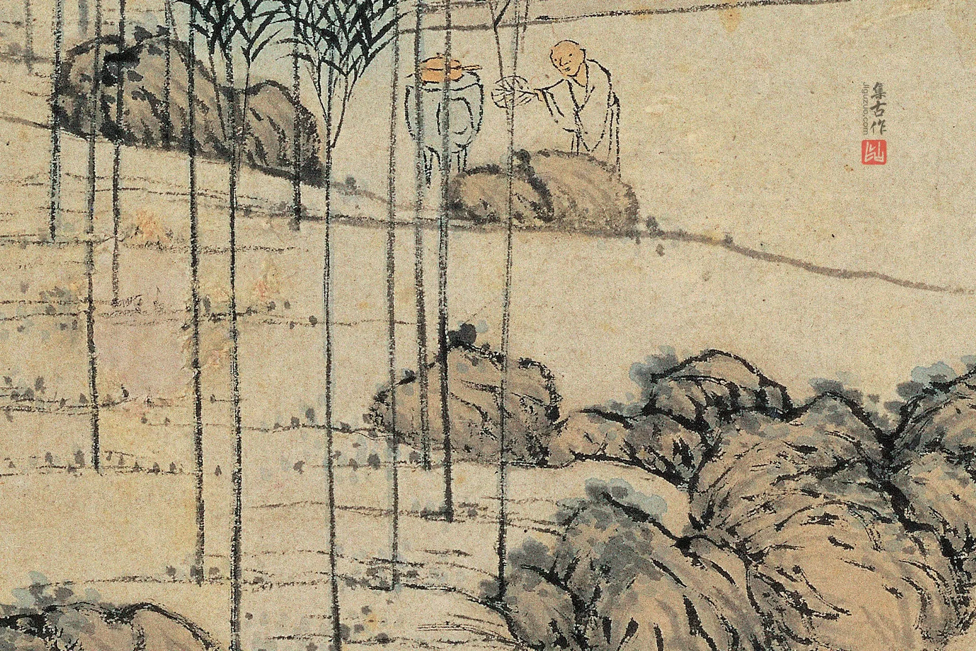 沈贞山水画《竹炉山房图》高清大图局部 (1)