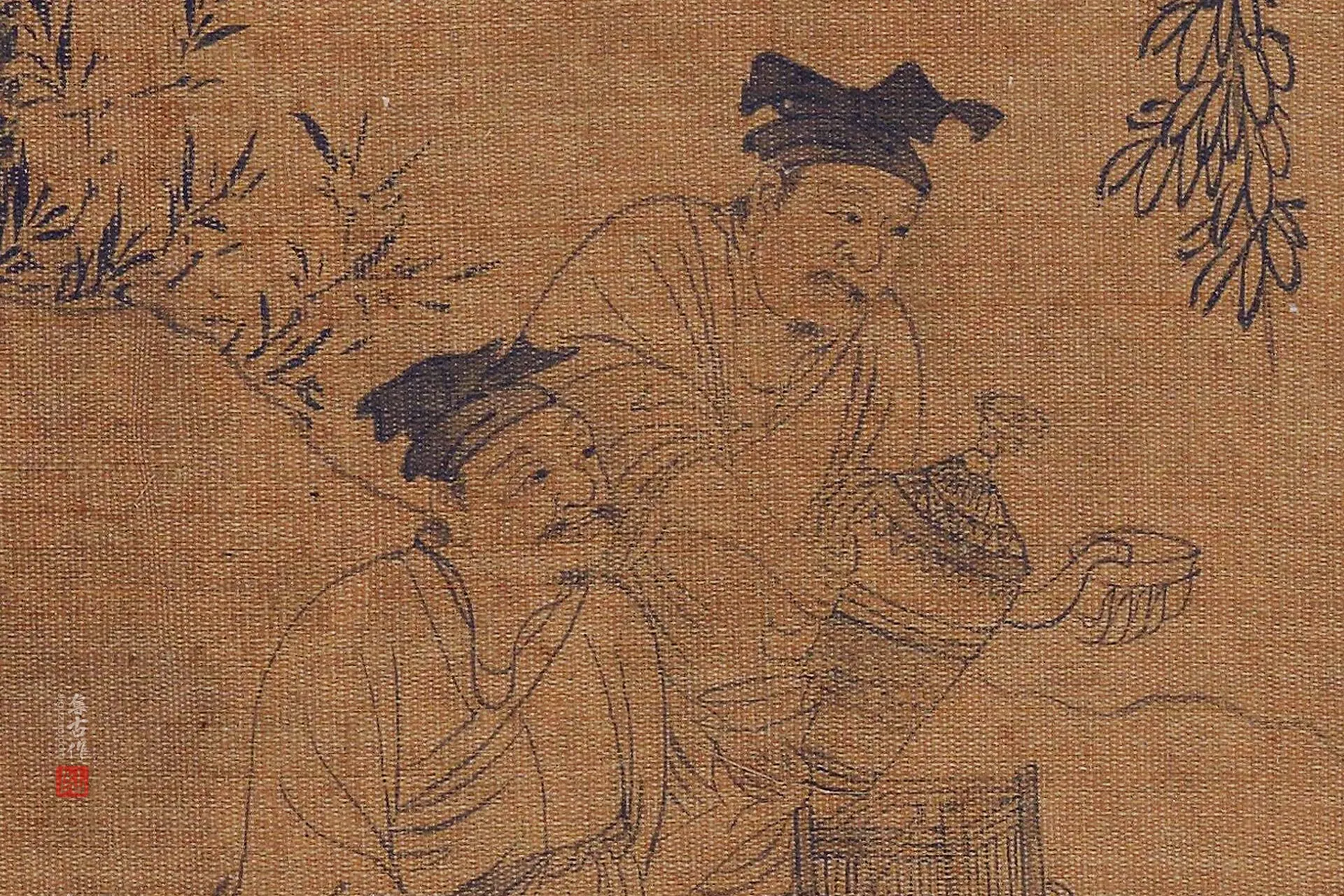 传李公麟白描画《商旅歇饮图》高清大图局部 (2)