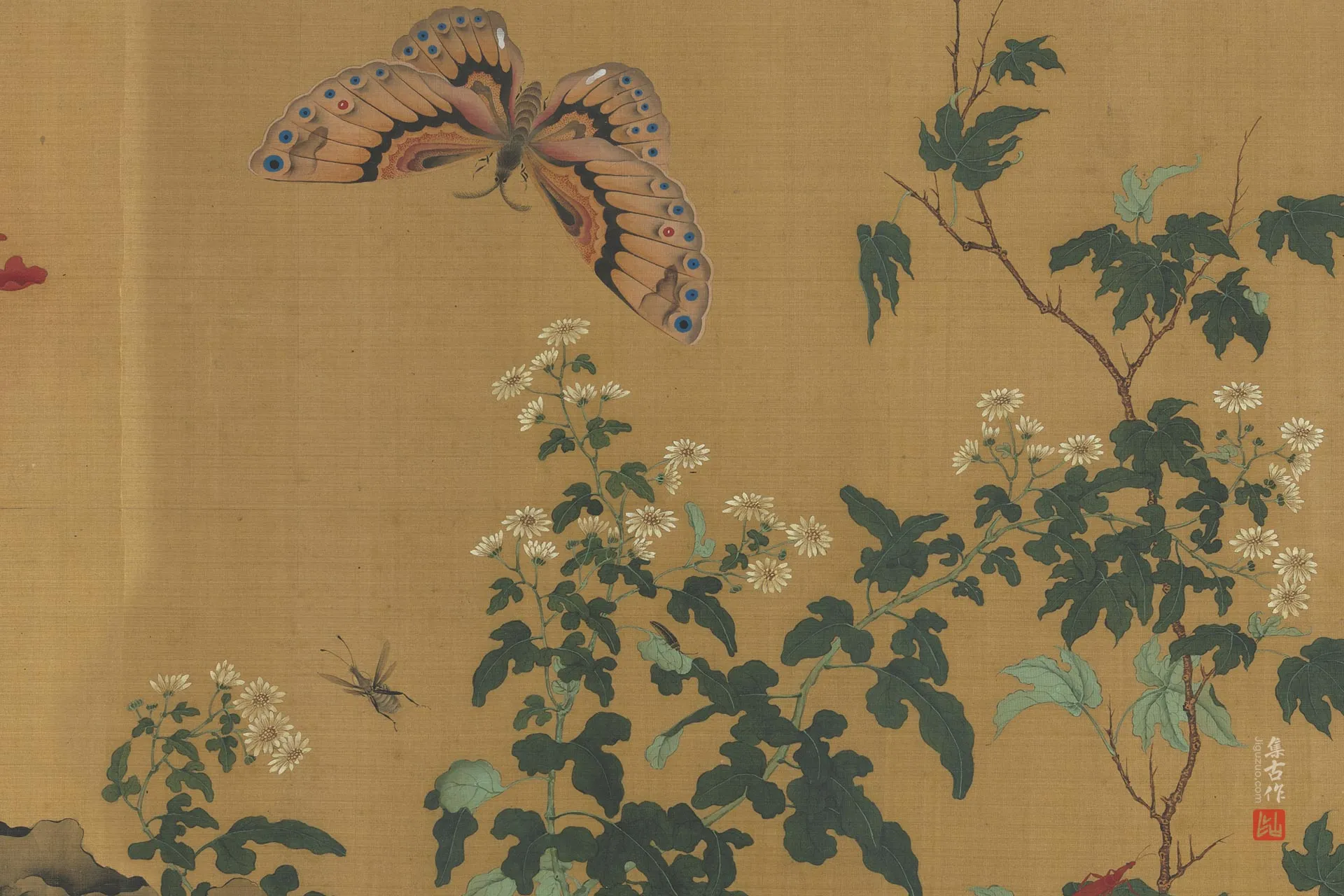 传滕昌祐花卉画《蝶戏长春图》局部 (2)