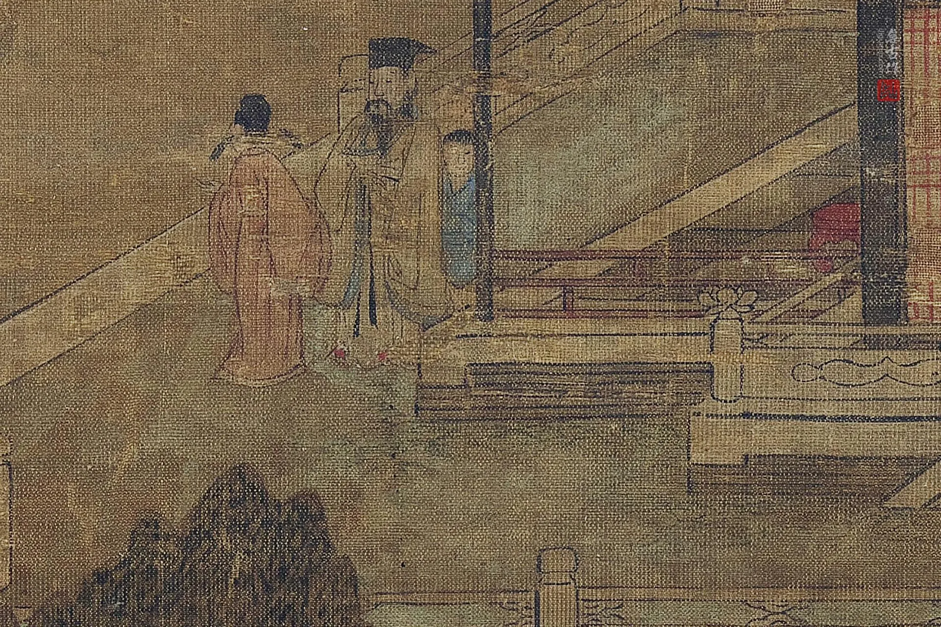 传李昭道《湖亭游骑图》超高清大图局部细节 (4)