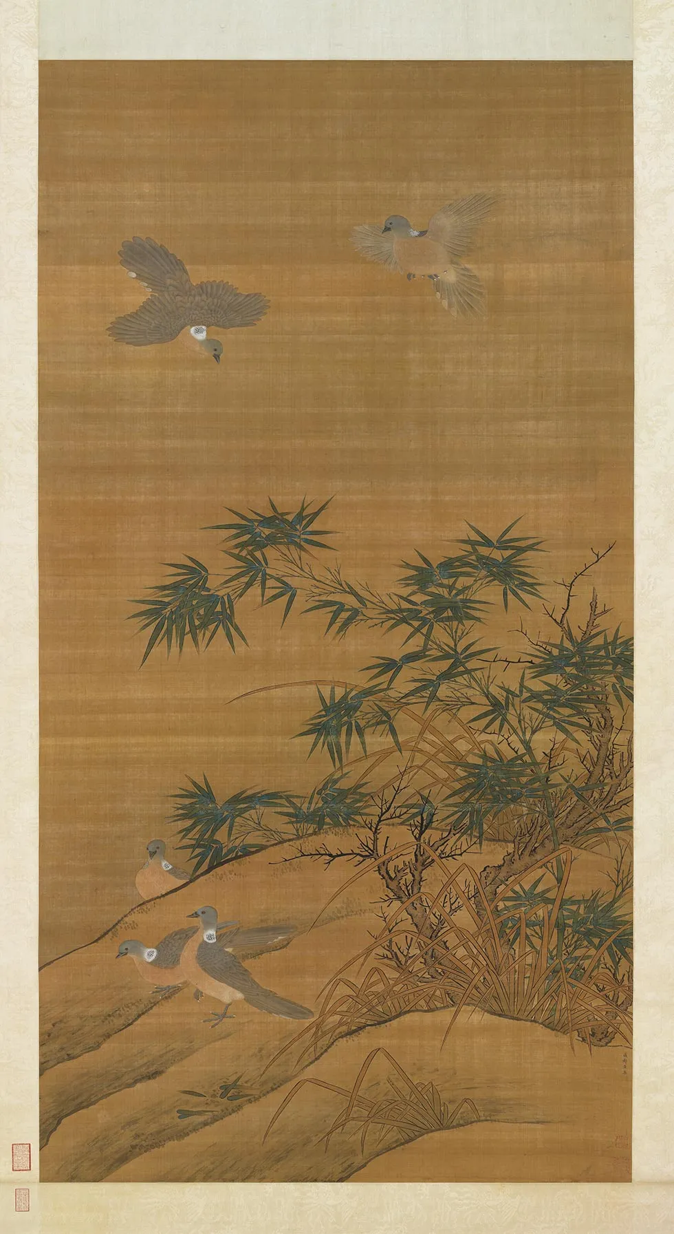 传黄筌《竹林鹁鸽图》轴