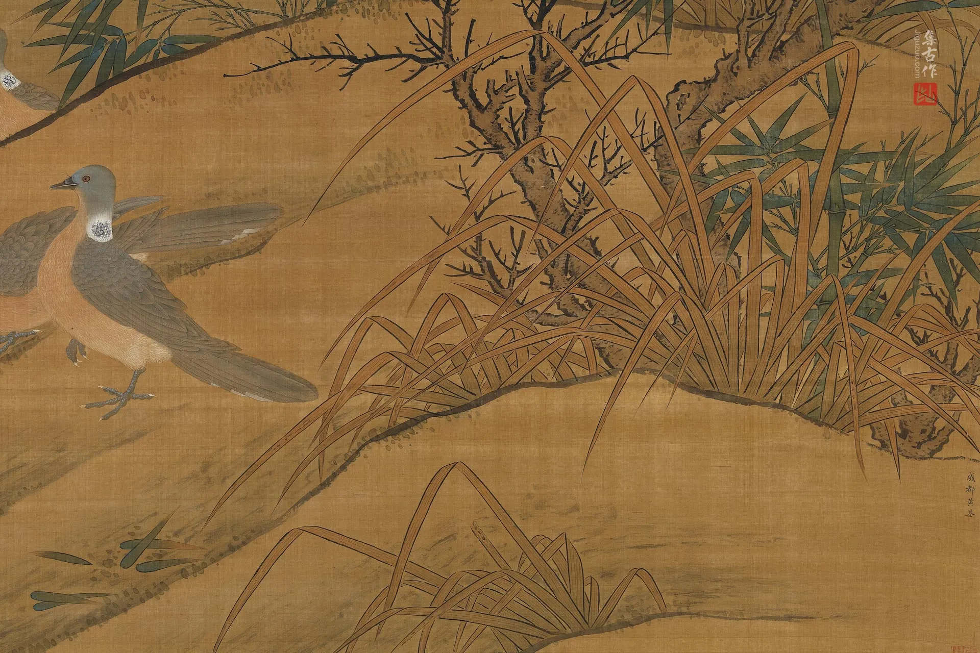 传黄筌《竹林鹁鸽图》局部 (1)