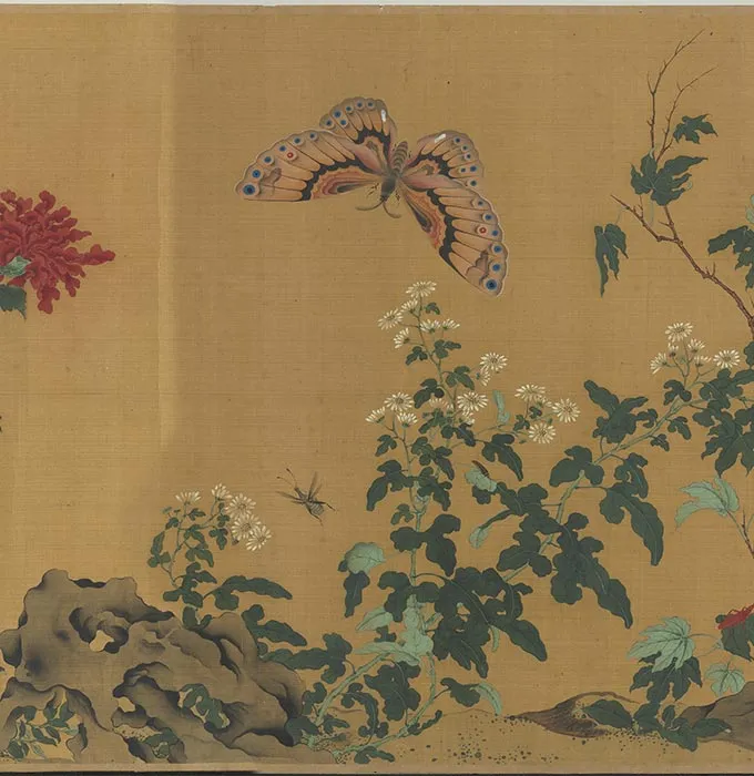 传滕昌祐花卉画《蝶戏长春图》卷_08