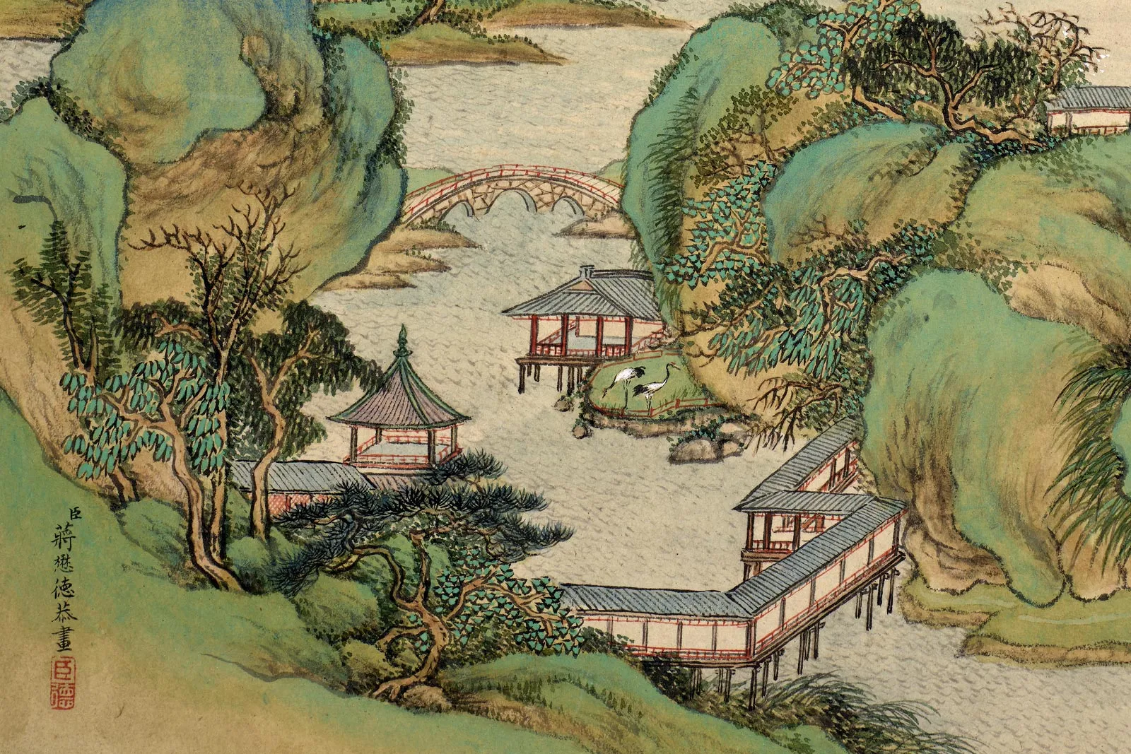 蒋懋德青绿界画楼台《画九成宫图》局部 (2)