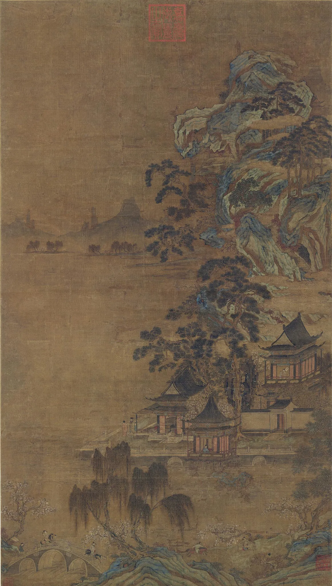 传李昭道《湖亭游骑图》轴