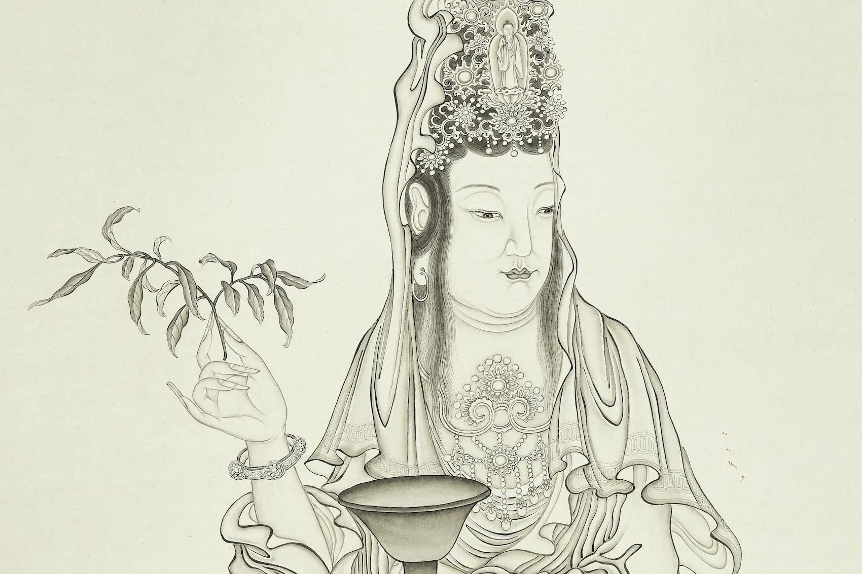 杨大章白描画佛道人物《甘露大士图观音像》局部 (1)